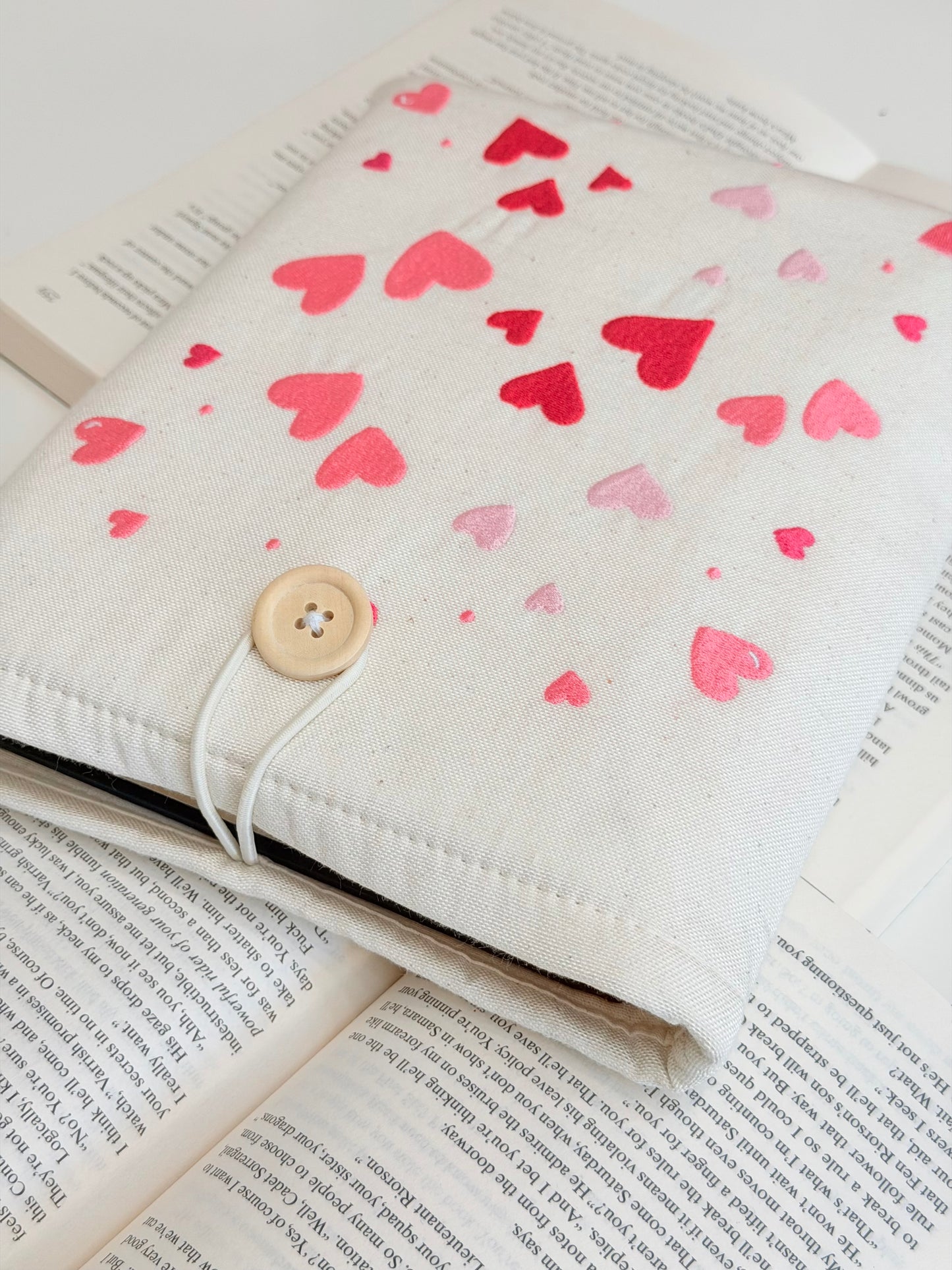 Heart Embroidered Book Sleeve – Romantic Book Lover Gift, Padded Fabric Cover