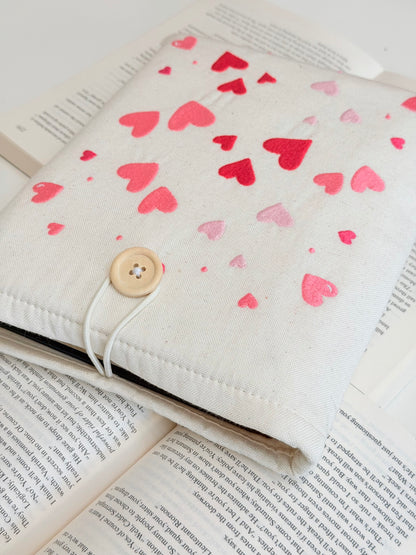 Heart Embroidered Book Sleeve – Romantic Book Lover Gift, Padded Fabric Cover