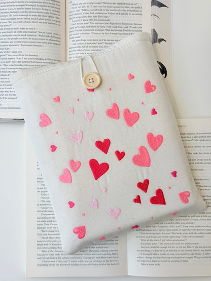Heart Embroidered Book Sleeve – Romantic Book Lover Gift, Padded Fabric Cover