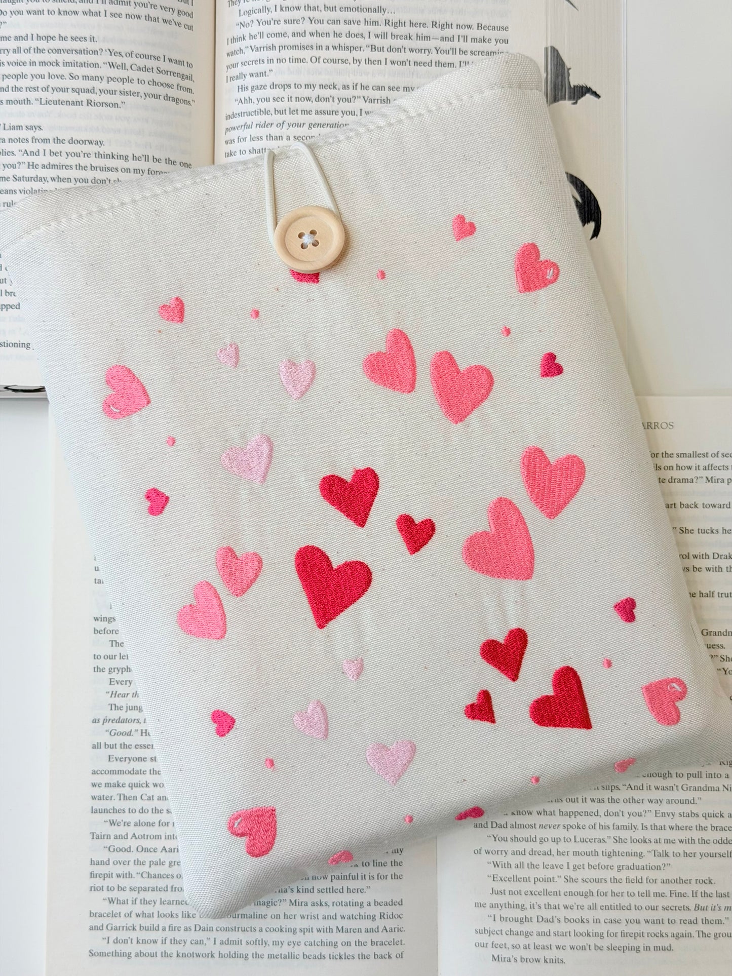 Heart Embroidered Book Sleeve – Romantic Book Lover Gift, Padded Fabric Cover