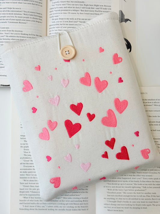 Heart Embroidered Book Sleeve – Romantic Book Lover Gift, Padded Fabric Cover