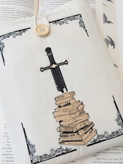 Embroidered Sword Book Sleeve – Fantasy Book Protector, Padded Fabric Cover