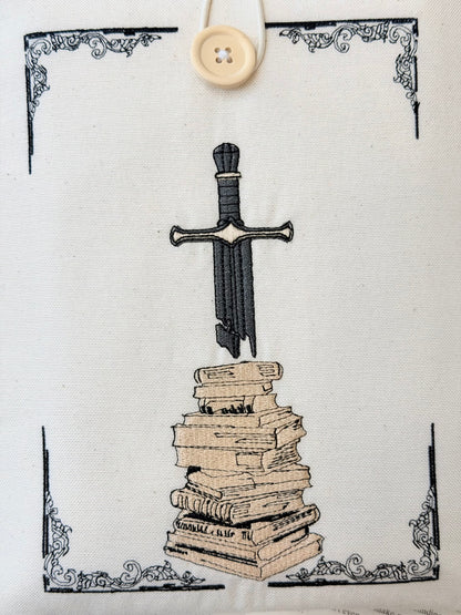 Embroidered Sword Book Sleeve – Fantasy Book Protector, Padded Fabric Cover