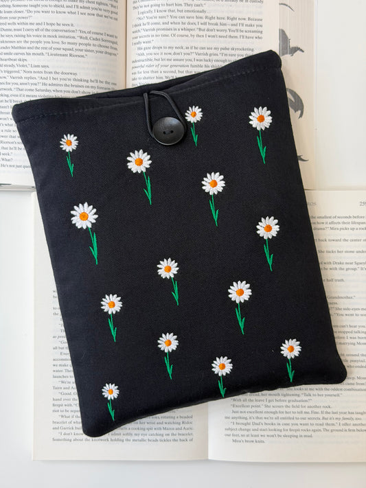 Daisy Embroidered Book Sleeve – Floral Book Lover Gift, Padded Fabric Cover