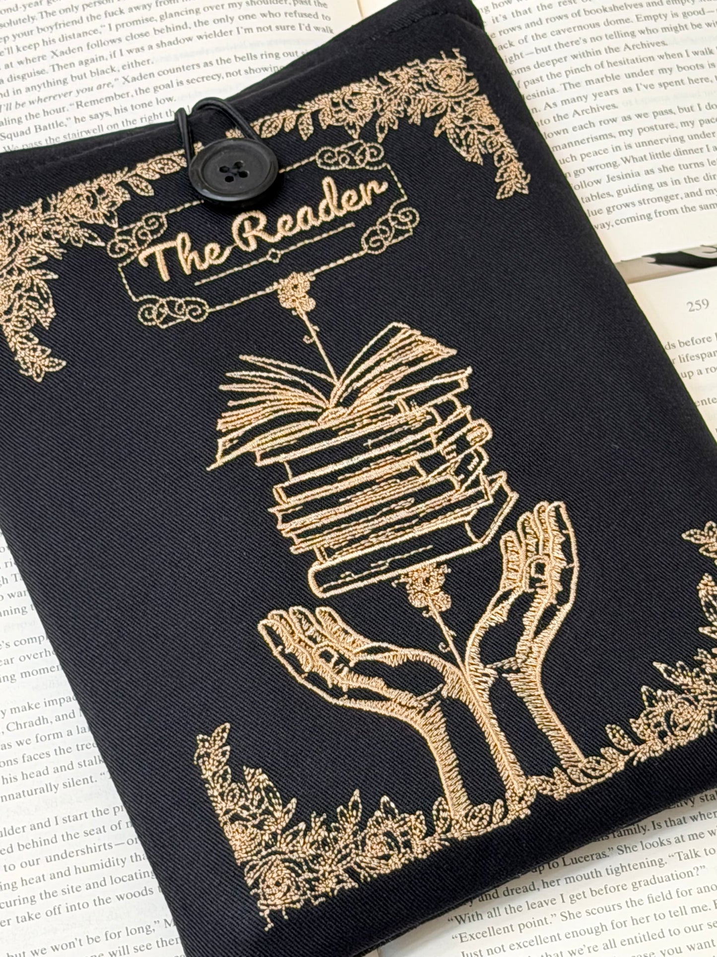 Embroidered Book Sleeve – Luxury Book Lover Gift, Padded Fabric Cover