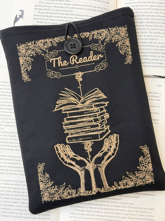 Embroidered Book Sleeve – Luxury Book Lover Gift, Padded Fabric Cover