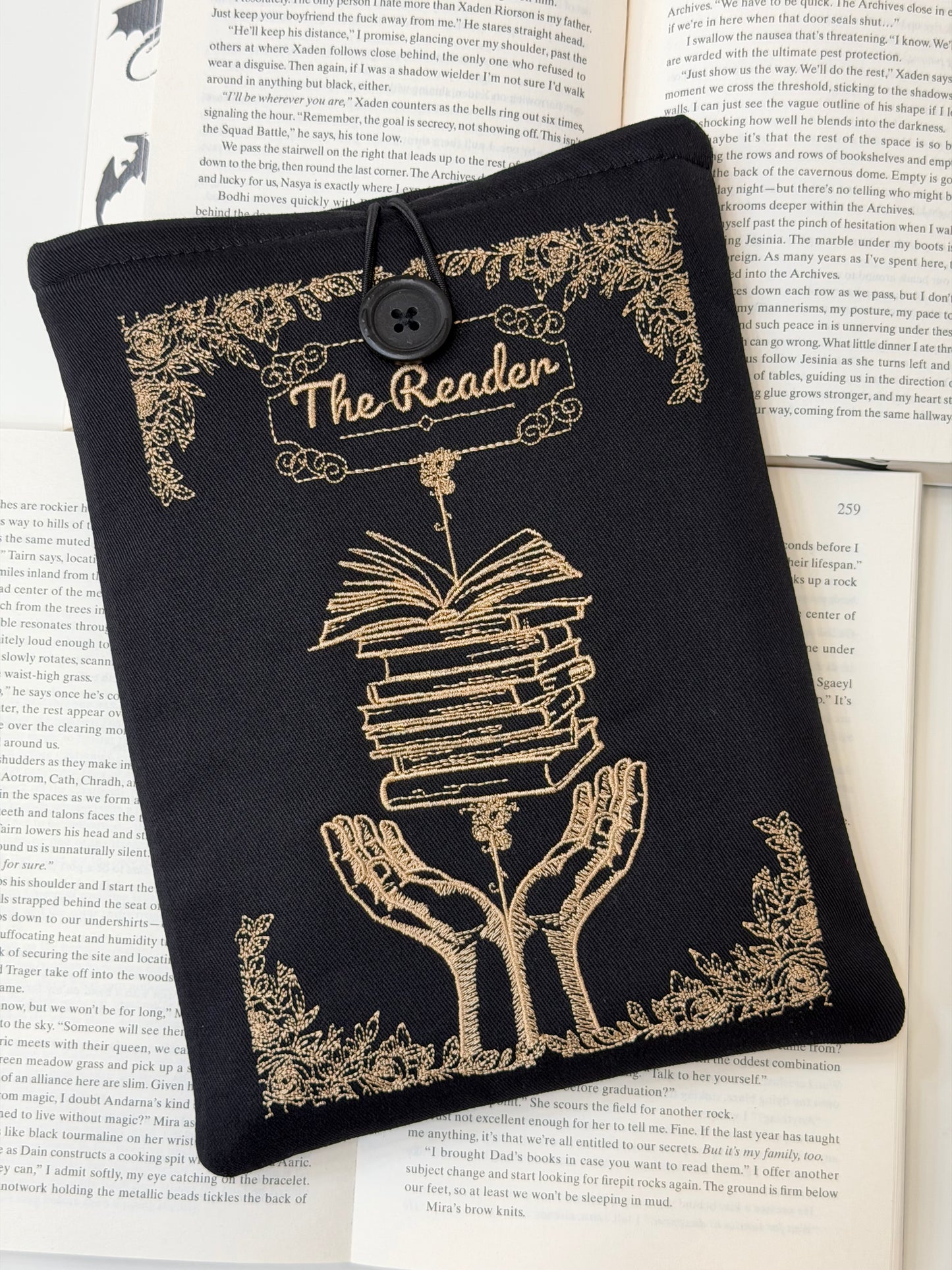 Embroidered Book Sleeve – Luxury Book Lover Gift, Padded Fabric Cover
