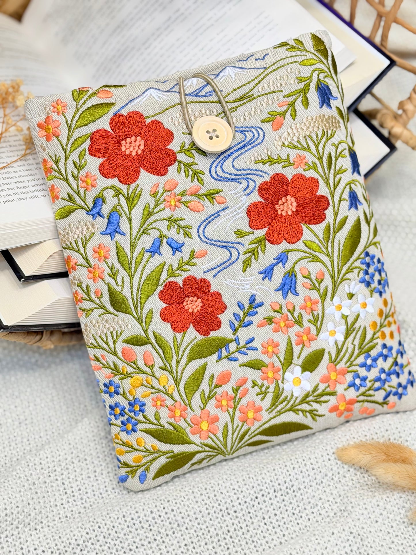 Embroidered Floral Book Sleeve with Mountain & River Design