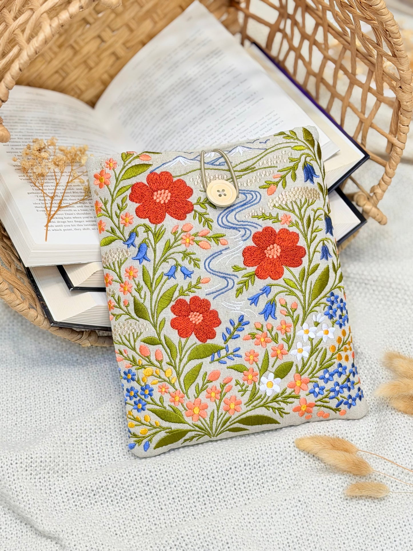 Embroidered Floral Book Sleeve with Mountain & River Design