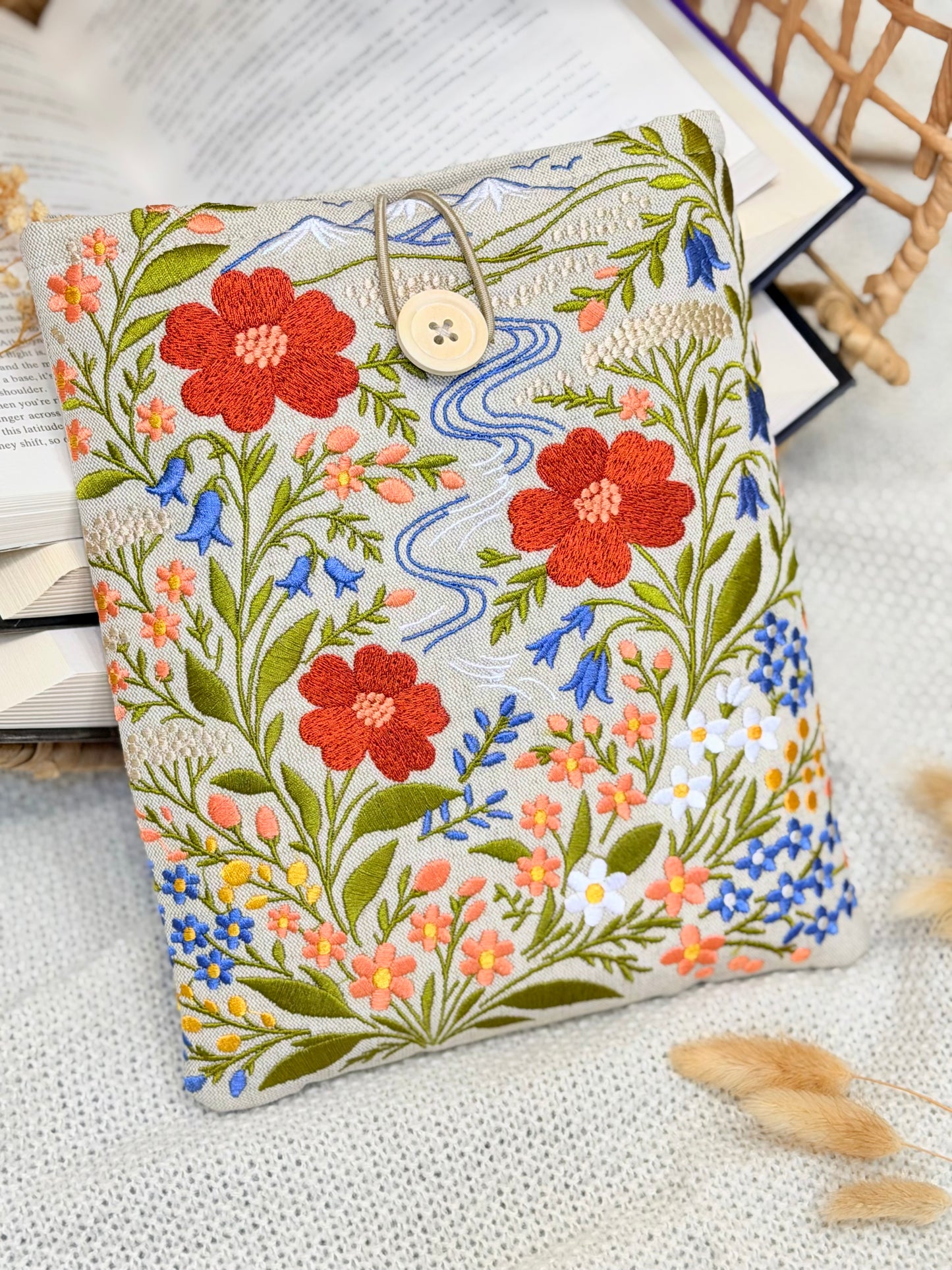 Embroidered Floral Book Sleeve with Mountain & River Design