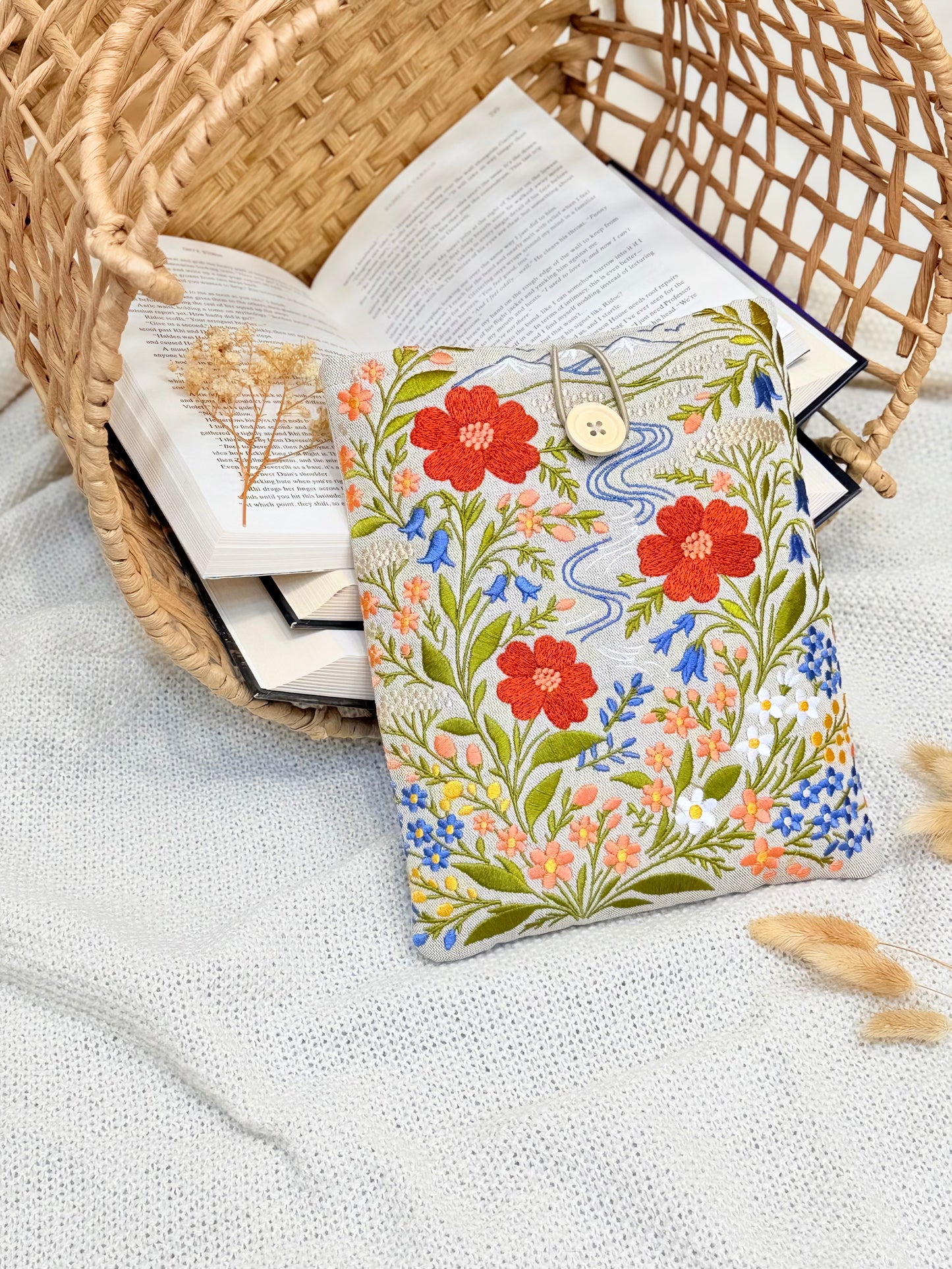 Embroidered Floral Book Sleeve with Mountain & River Design