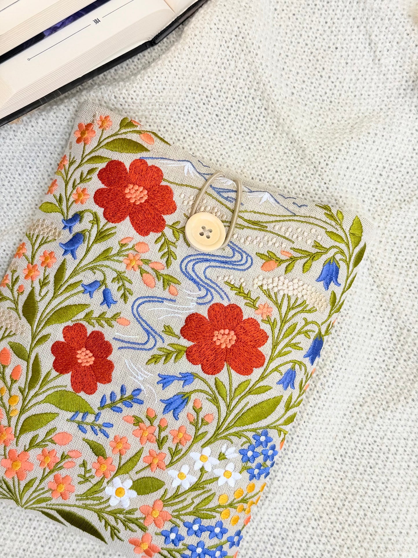 Embroidered Floral Book Sleeve with Mountain & River Design