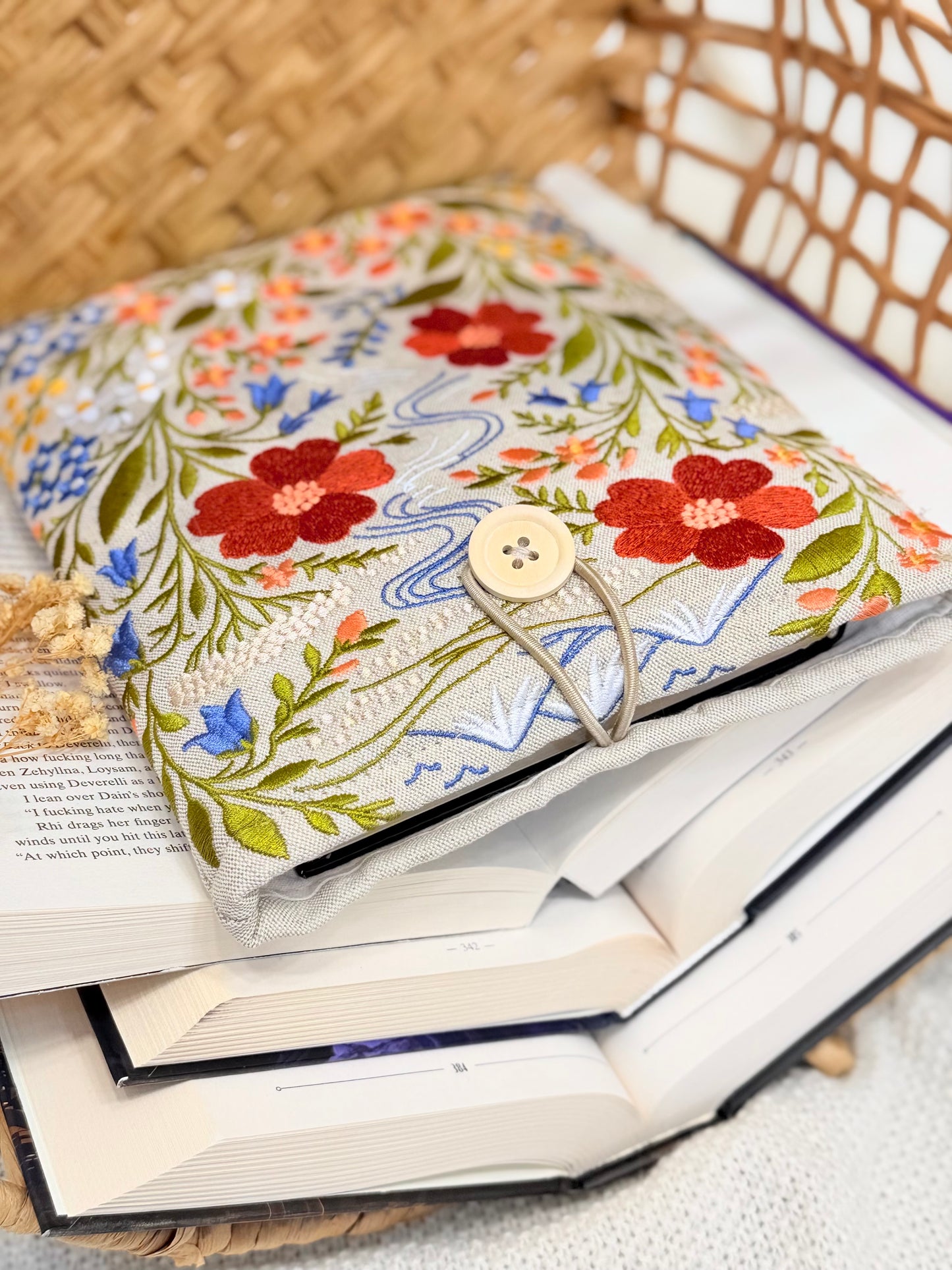 Embroidered Floral Book Sleeve with Mountain & River Design