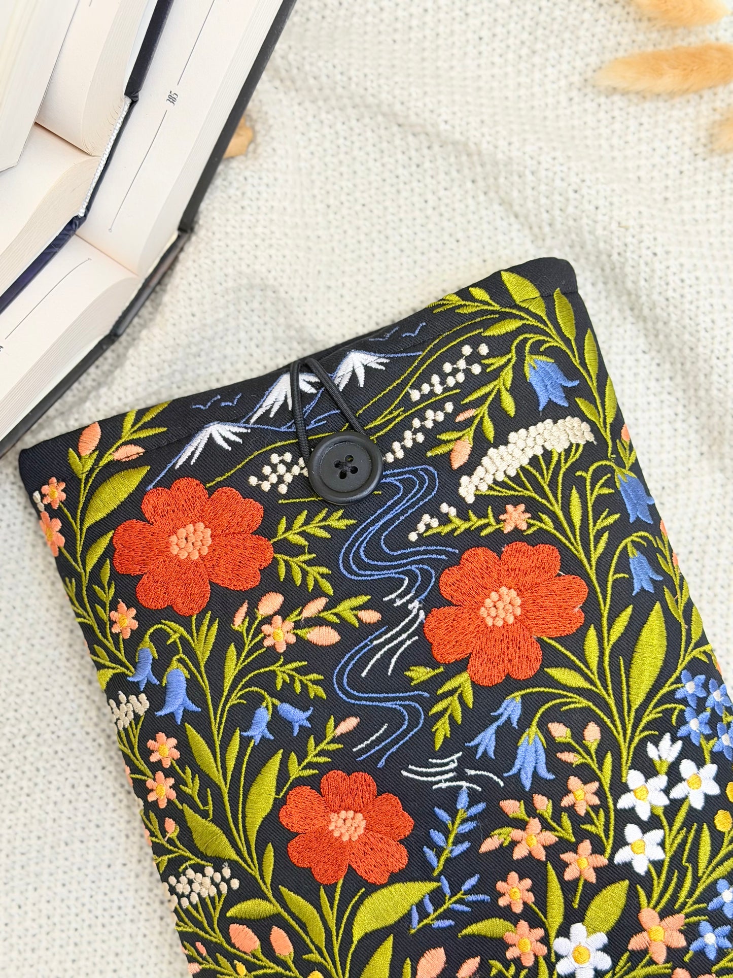 Embroidered Floral Book Sleeve with Mountain & River Design