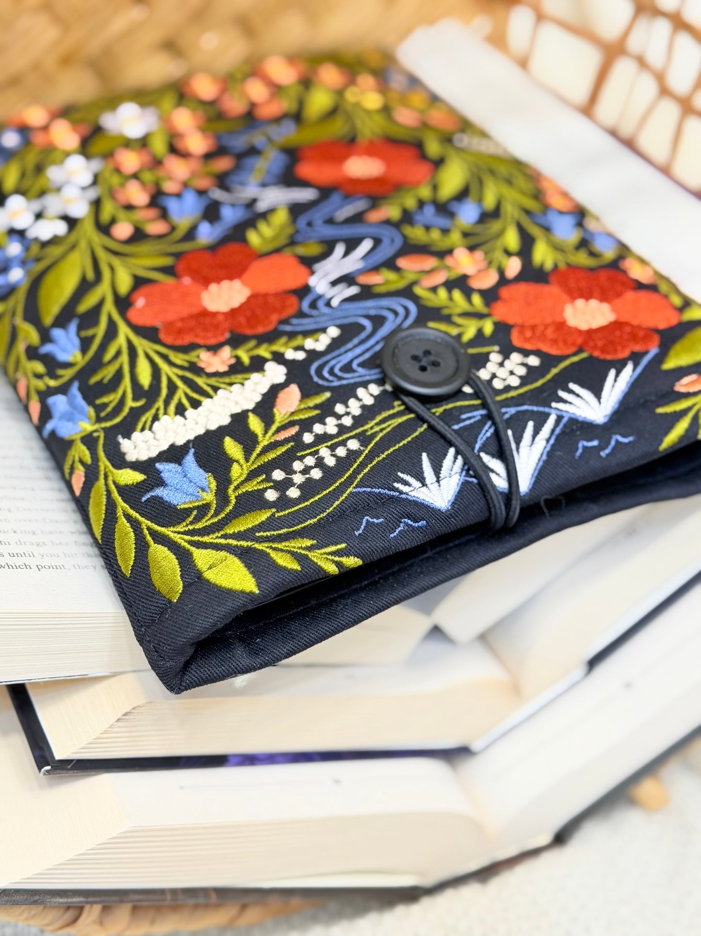 Embroidered Floral Book Sleeve with Mountain & River Design