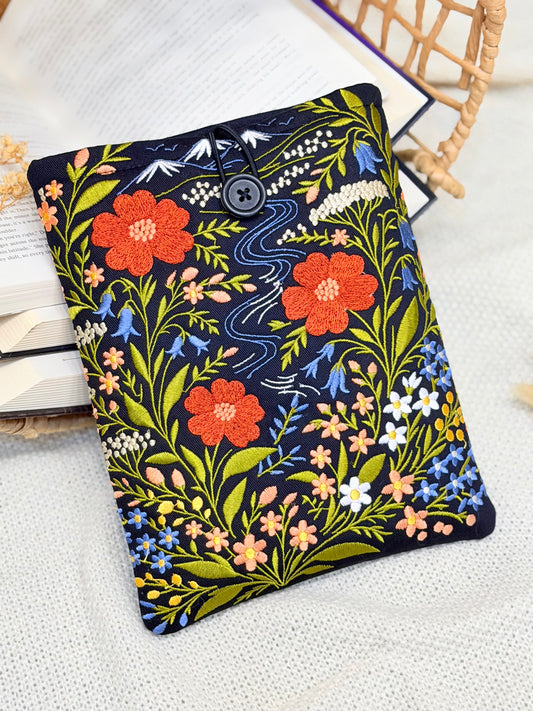 Embroidered Floral Book Sleeve with Mountain & River Design