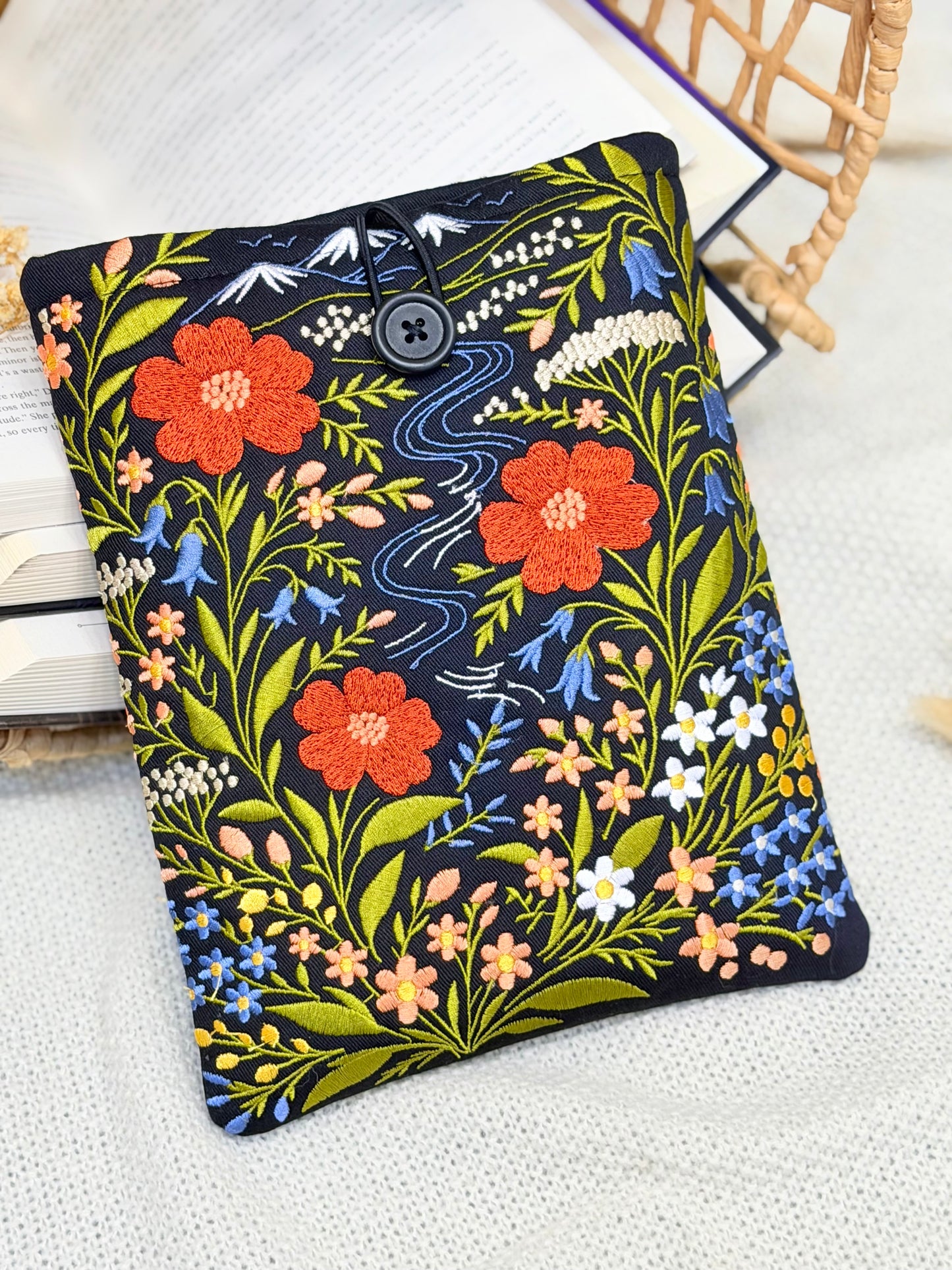Embroidered Floral Book Sleeve with Mountain & River Design