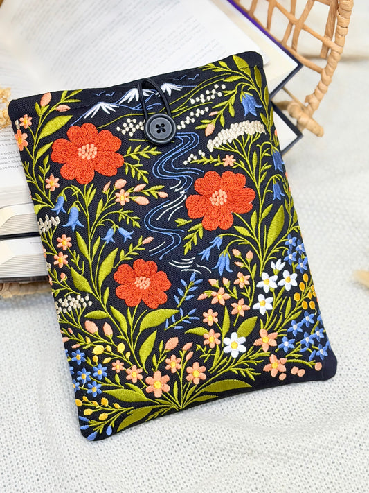 Embroidered Floral Book Sleeve with Mountain & River Design