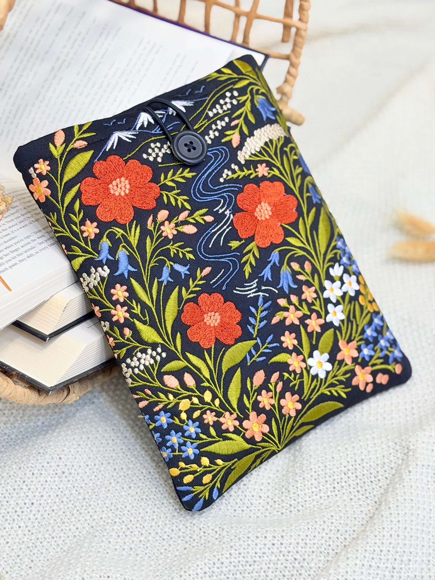 Embroidered Floral Book Sleeve with Mountain & River Design
