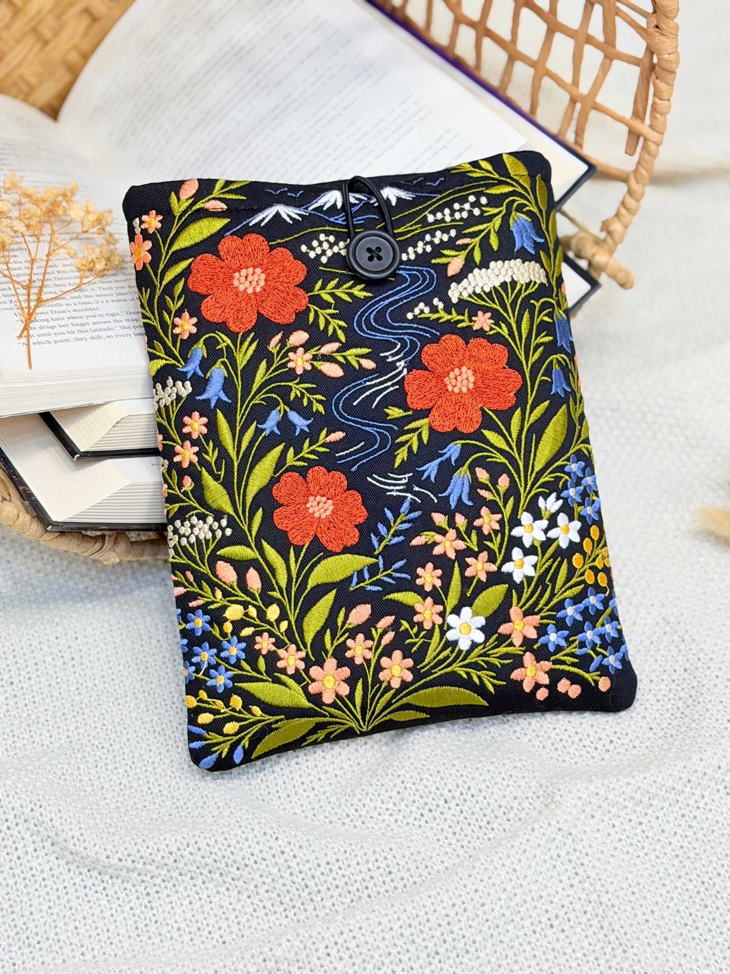 Embroidered Floral Book Sleeve with Mountain & River Design