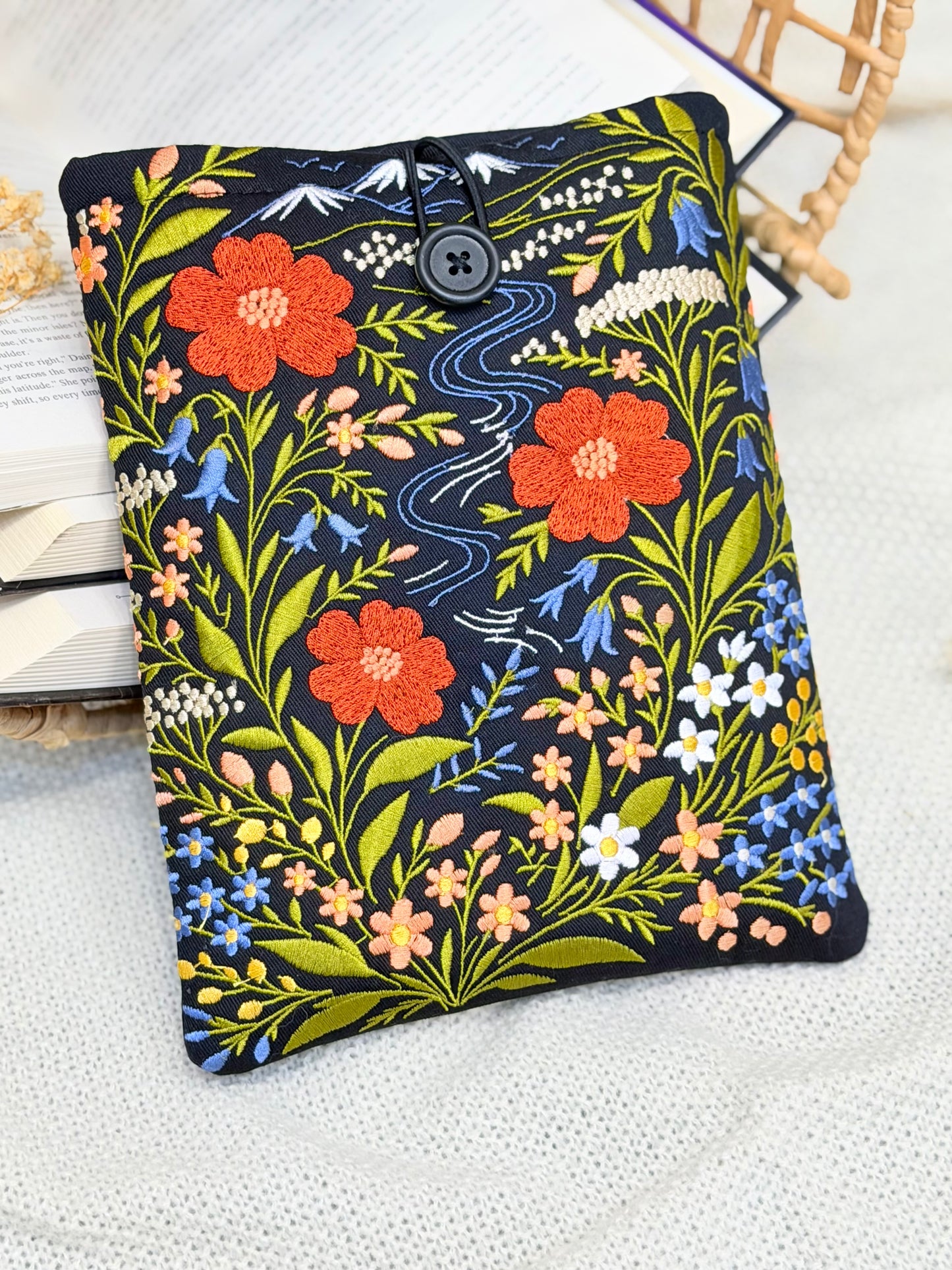 Embroidered Floral Book Sleeve with Mountain & River Design