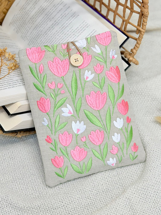 Embroidered Tulip Book Sleeve Pink Floral Design