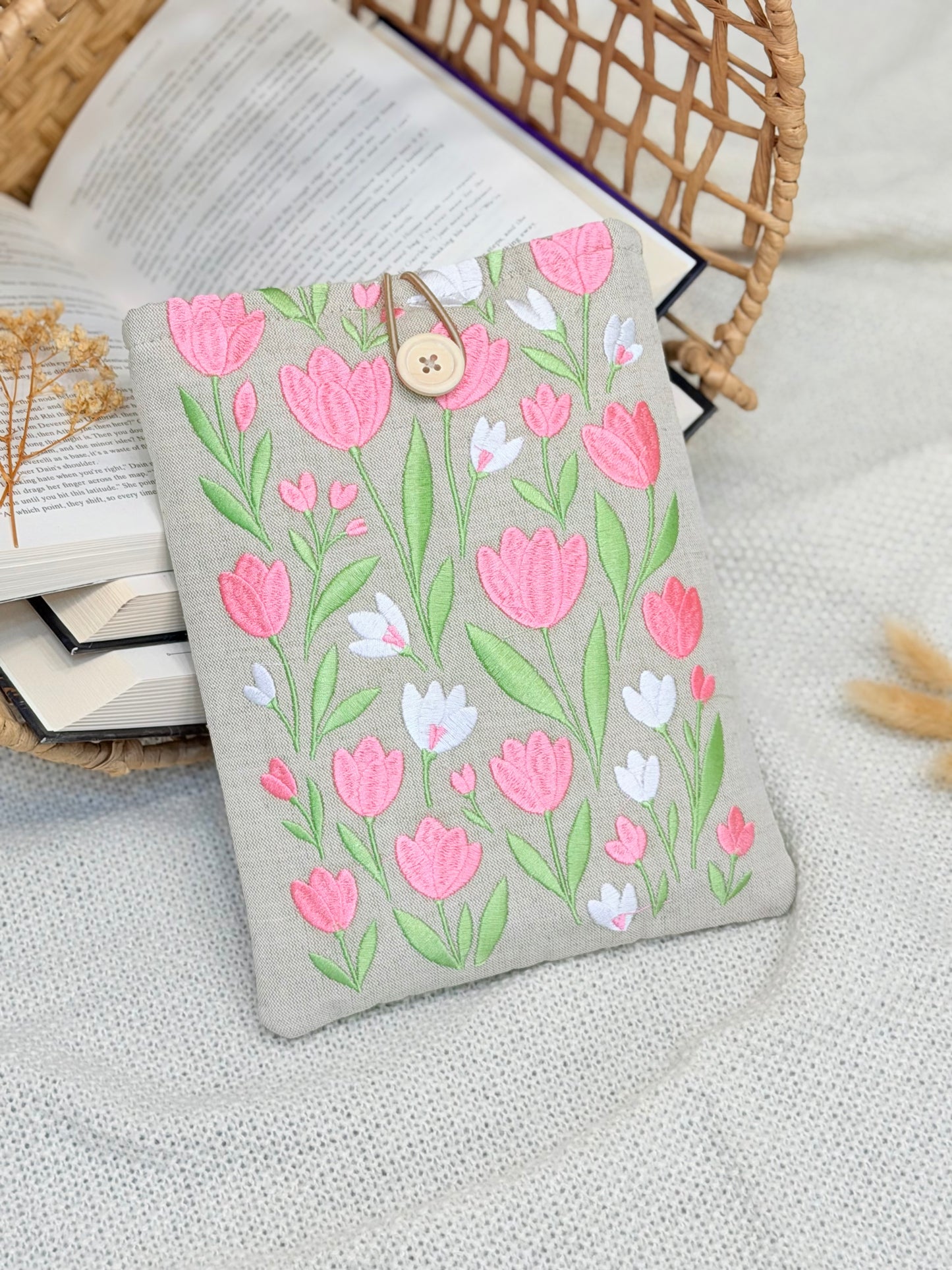 Embroidered Tulip Book Sleeve Pink Floral Design