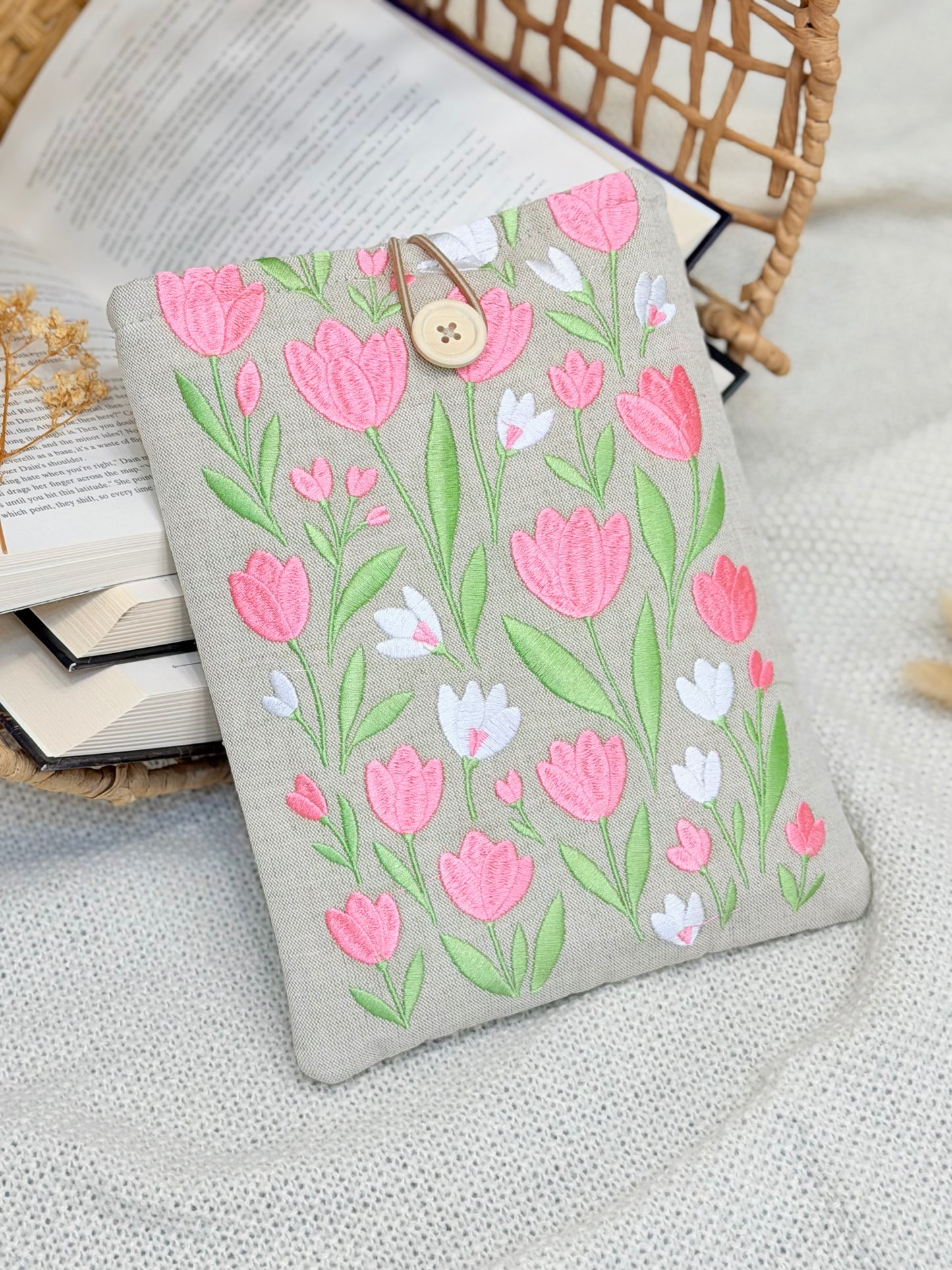 Embroidered Tulip Book Sleeve Pink Floral Design