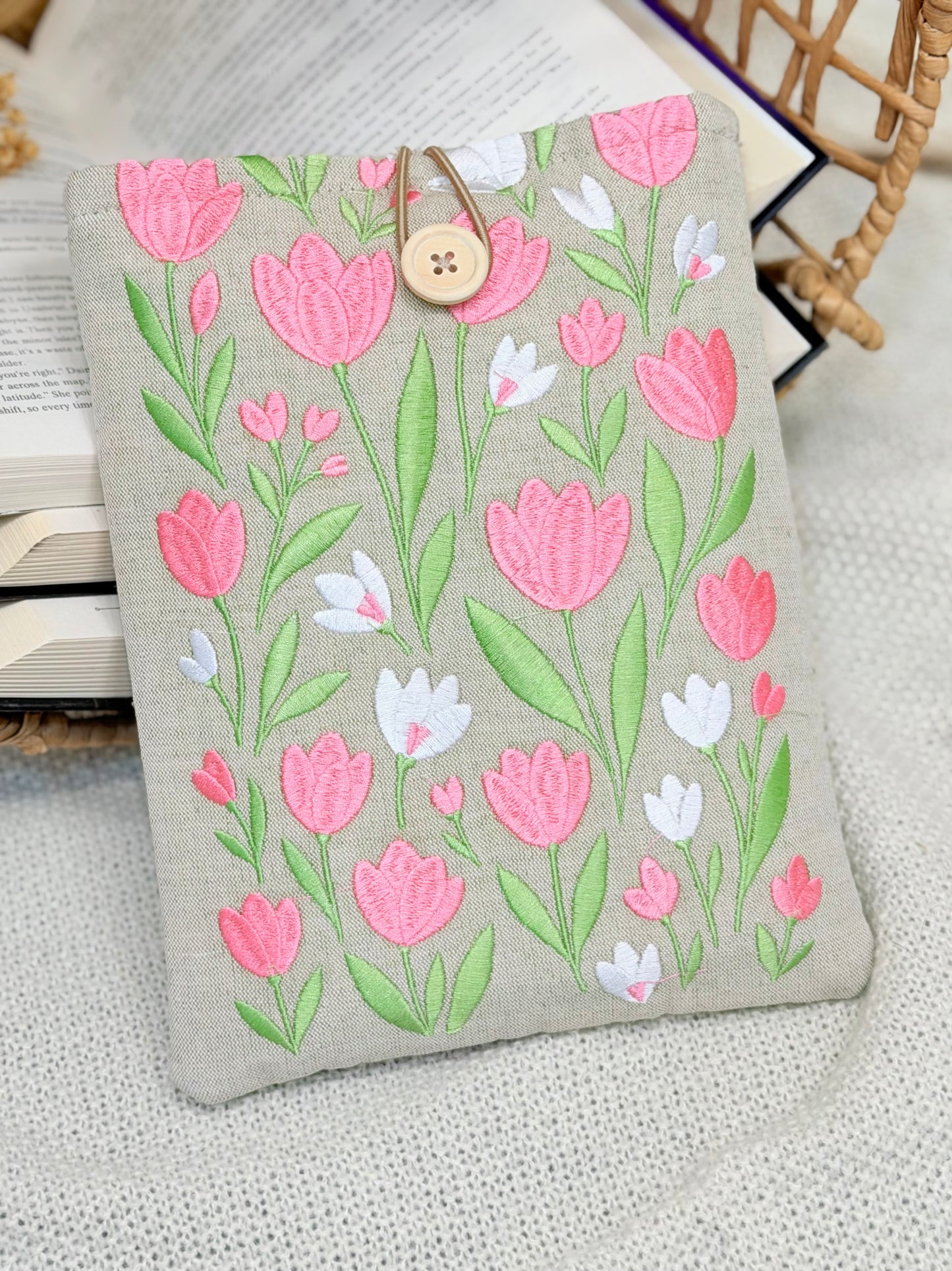 Embroidered Tulip Book Sleeve Pink Floral Design