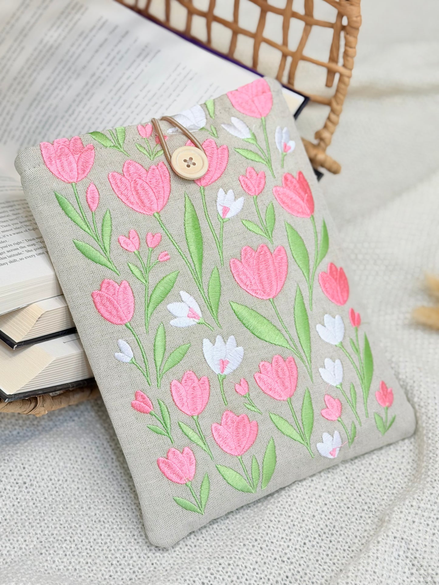 Embroidered Tulip Book Sleeve Pink Floral Design
