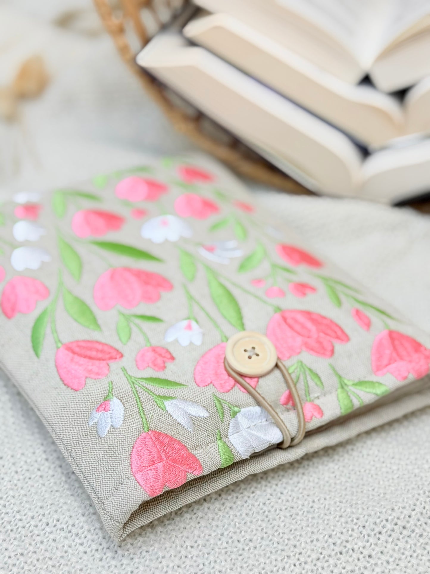 Embroidered Tulip Book Sleeve Pink Floral Design