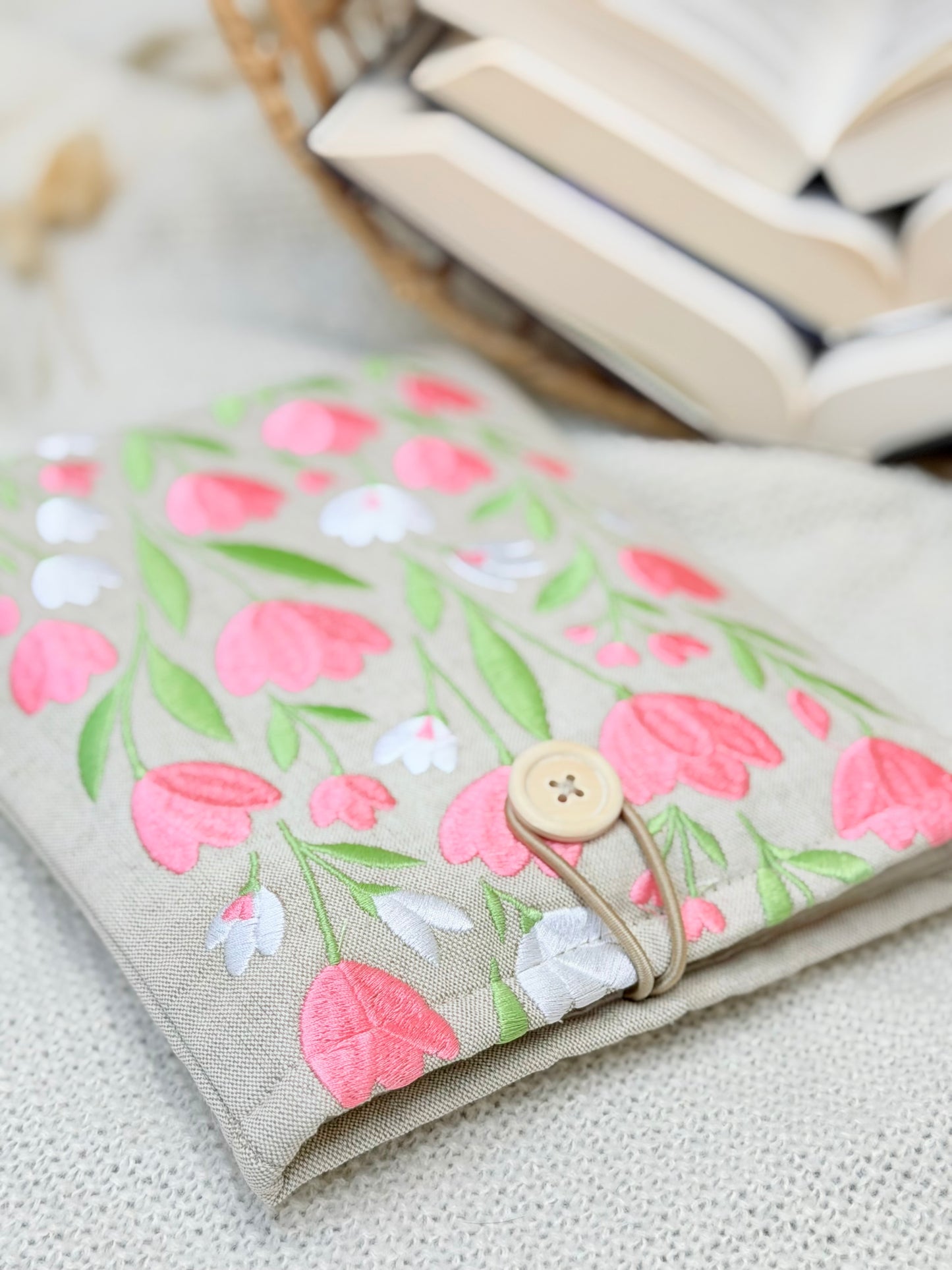 Embroidered Tulip Book Sleeve Pink Floral Design