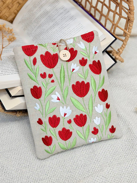 Embroidered Tulip Book Sleeve Red Floral Design