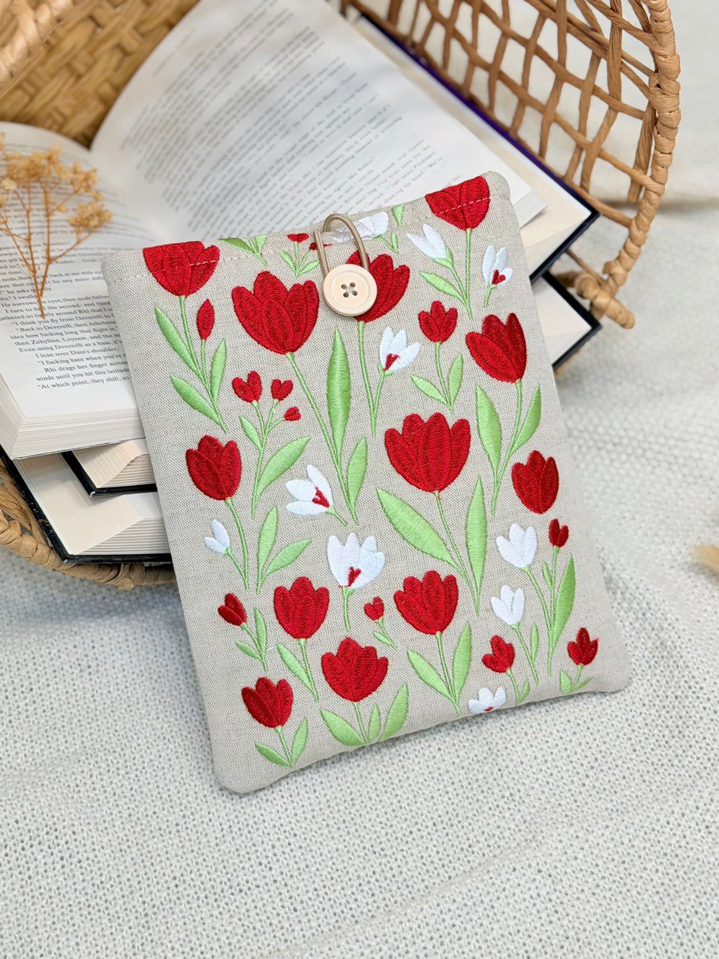 Embroidered Tulip Book Sleeve Red Floral Design