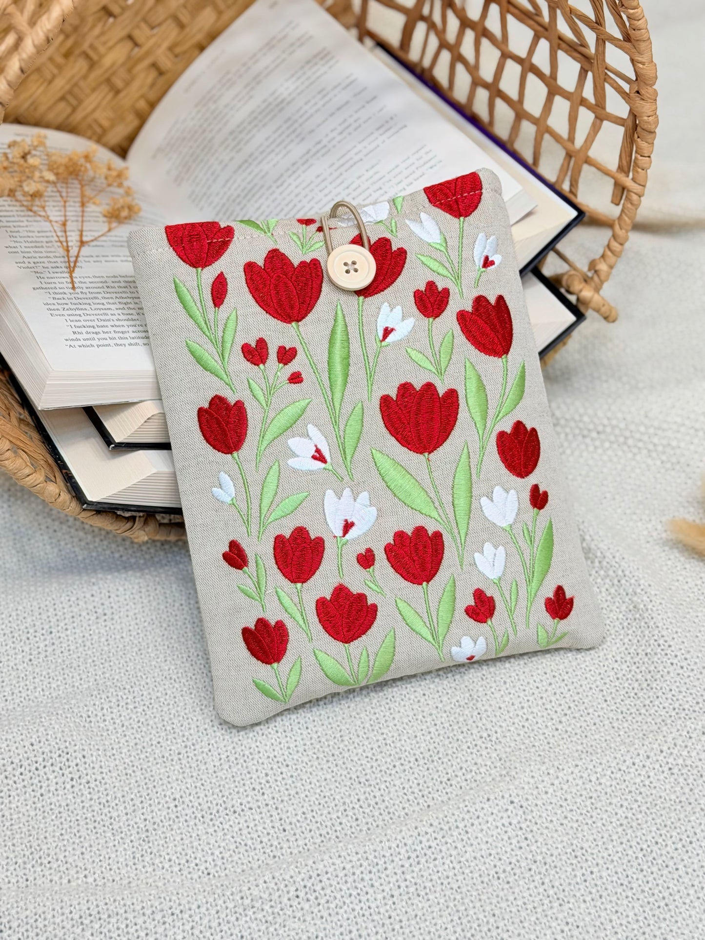 Embroidered Tulip Book Sleeve Red Floral Design