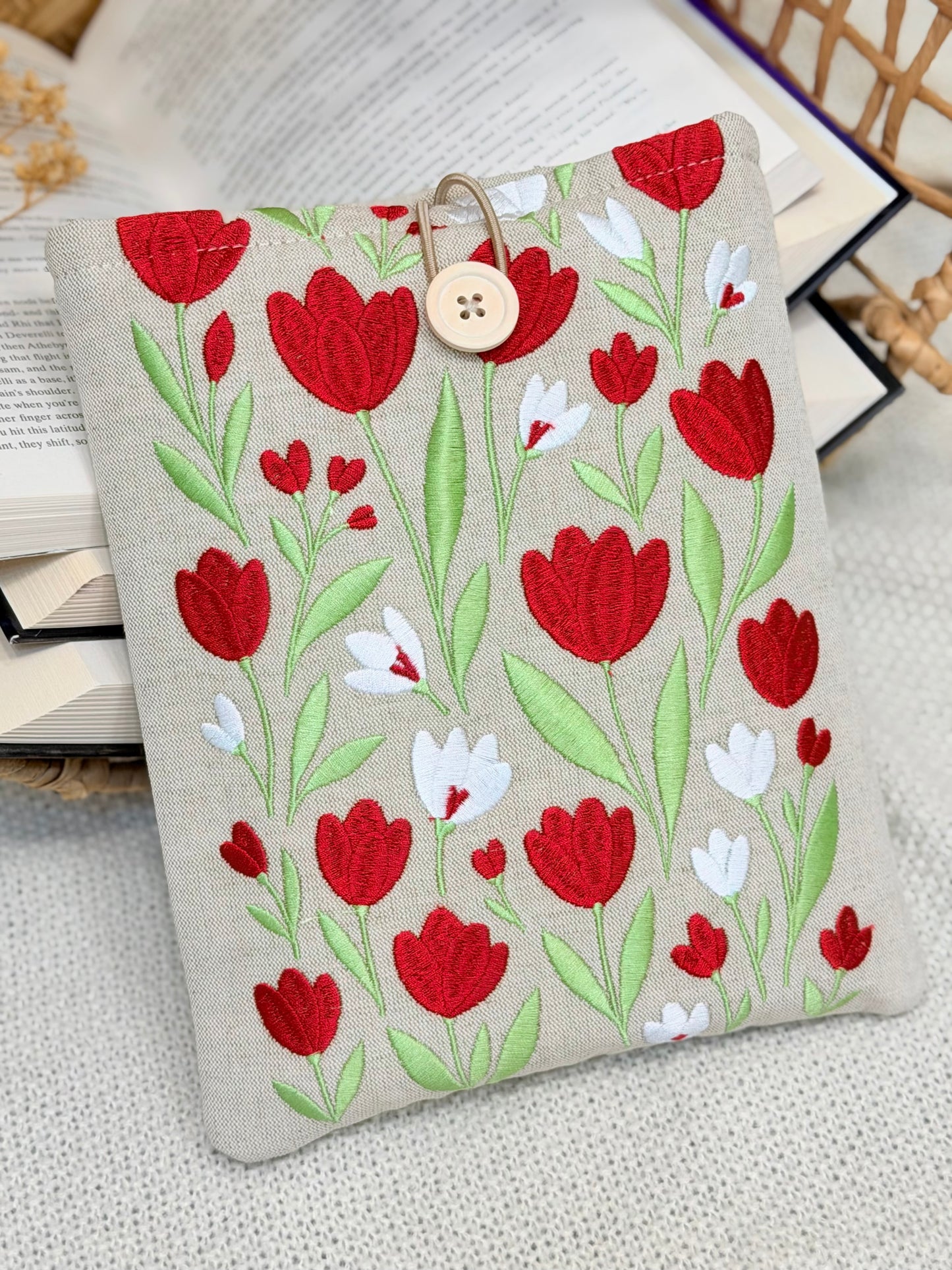 Embroidered Tulip Book Sleeve Red Floral Design