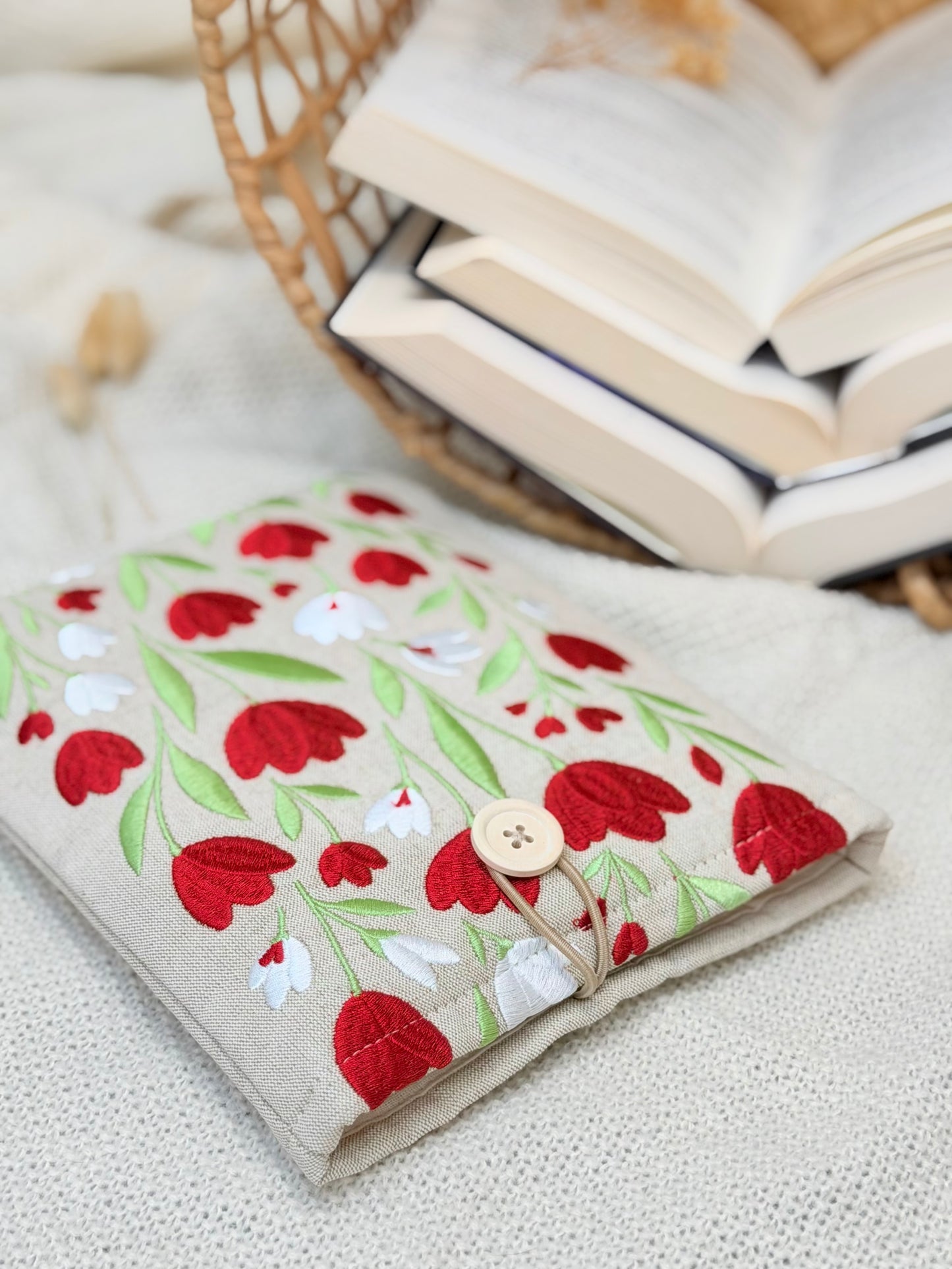 Embroidered Tulip Book Sleeve Red Floral Design
