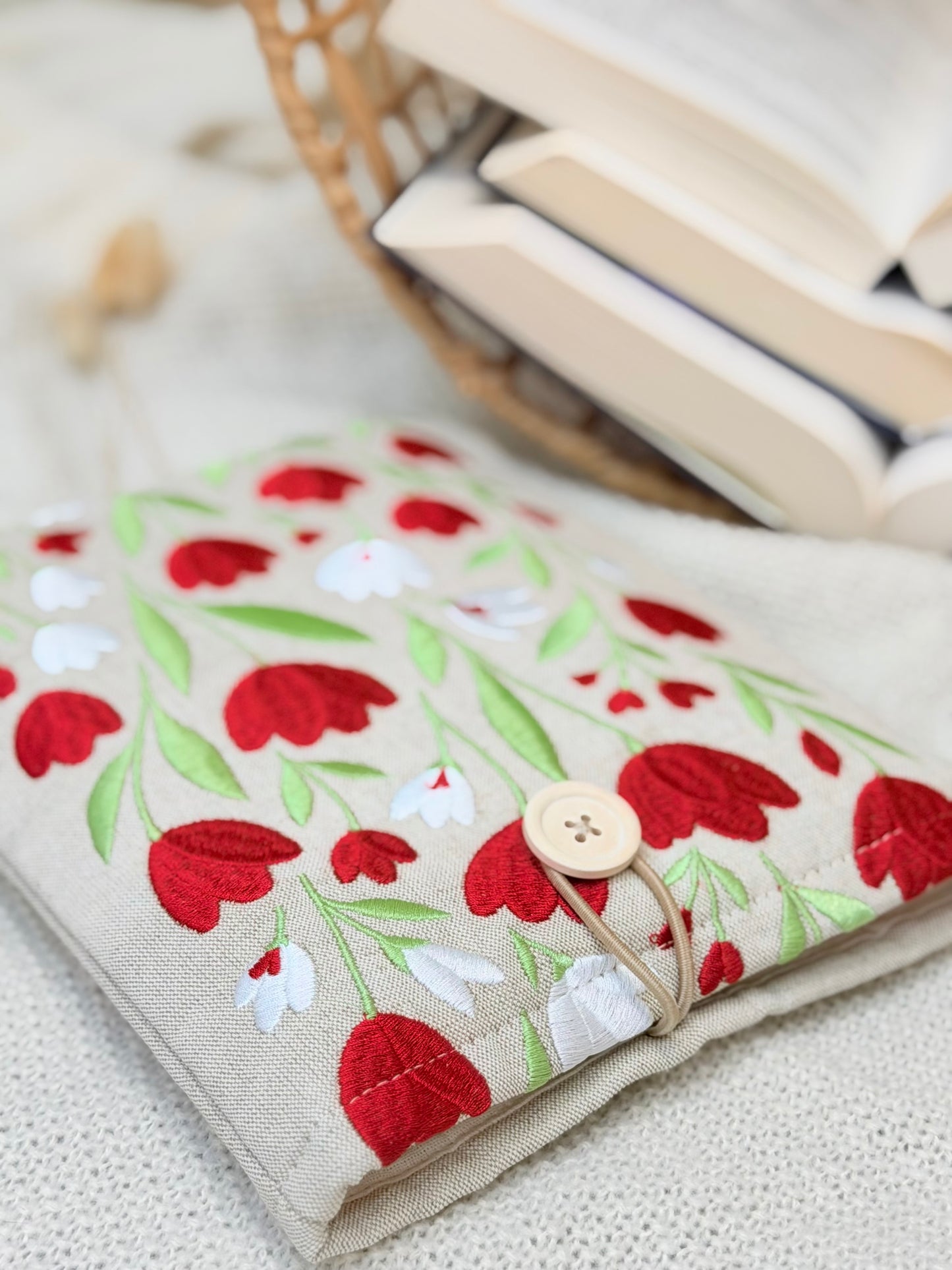 Embroidered Tulip Book Sleeve Red Floral Design