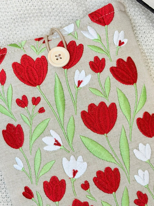 Embroidered Tulip Book Sleeve Red Floral Design