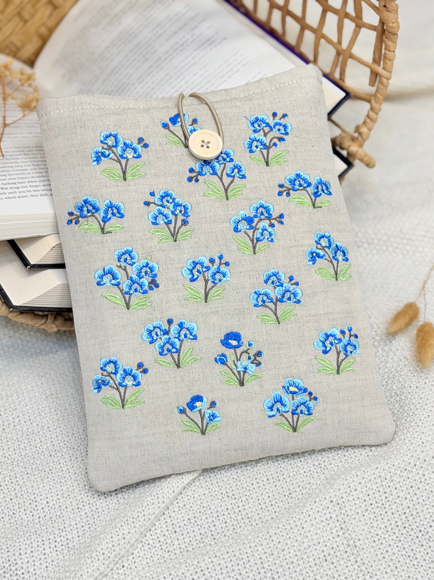 Embroidered Blue Orchid Book Sleeve Floral Linen Design