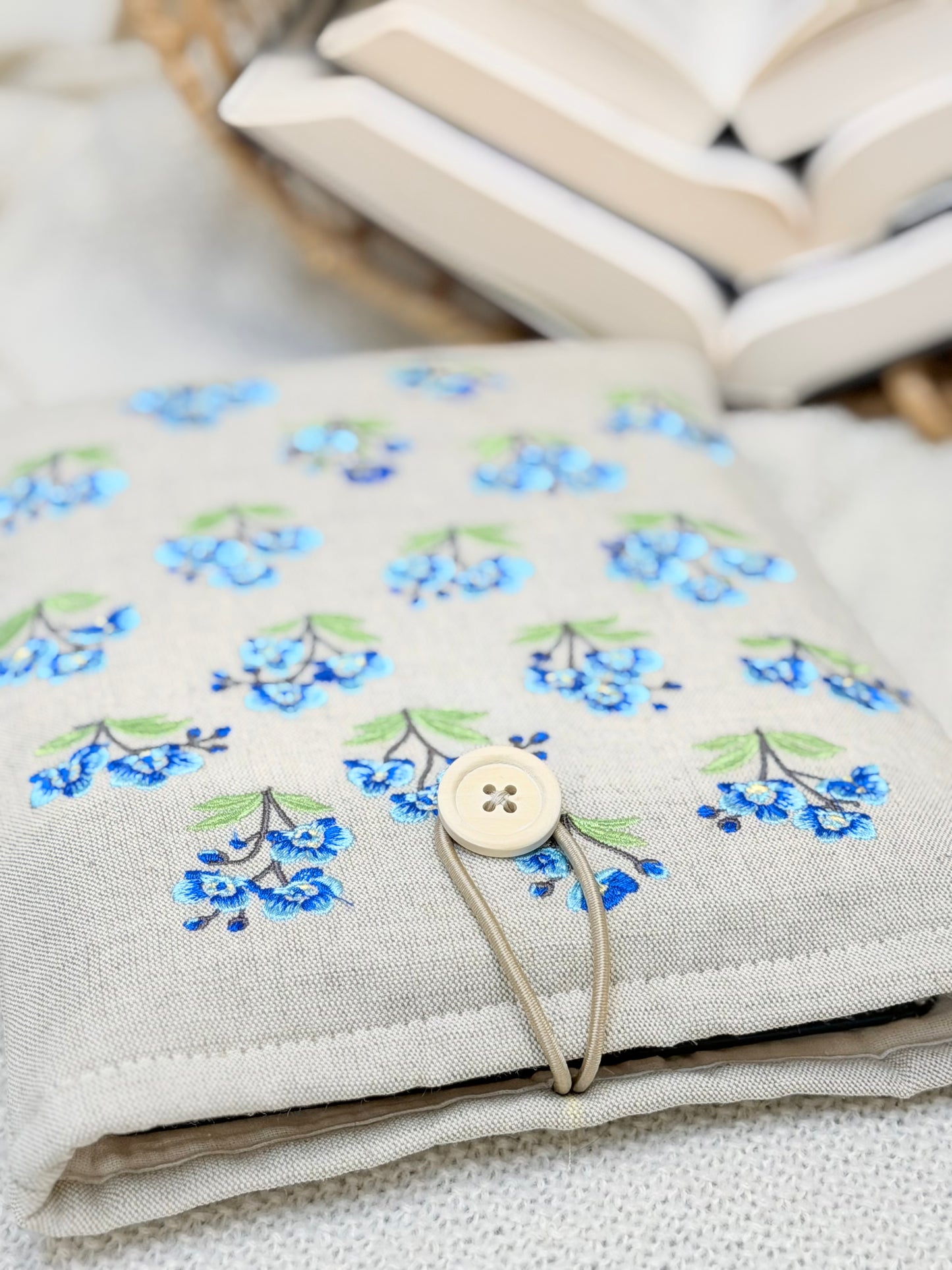 Embroidered Blue Orchid Book Sleeve Floral Linen Design