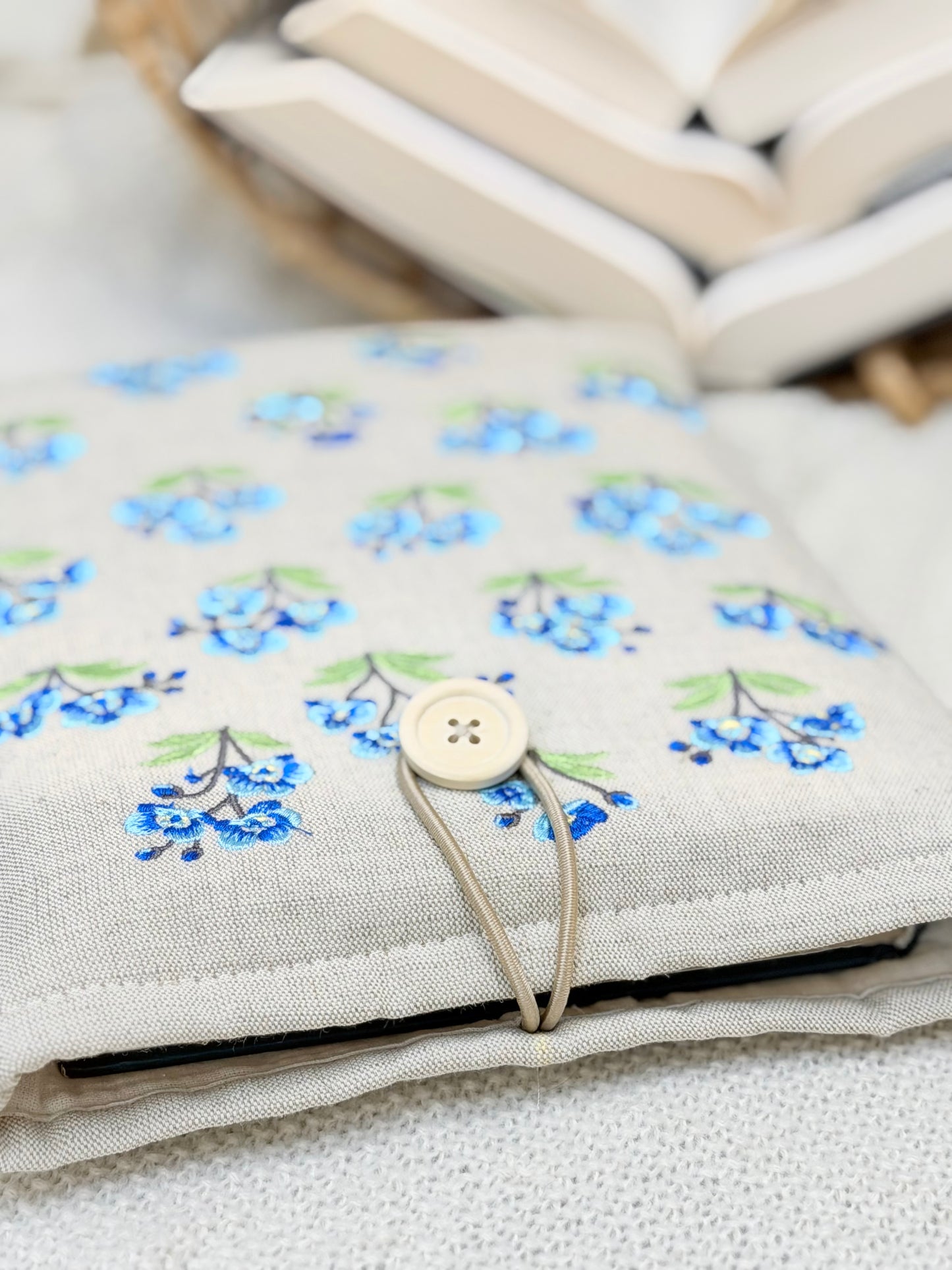 Embroidered Blue Orchid Book Sleeve Floral Linen Design