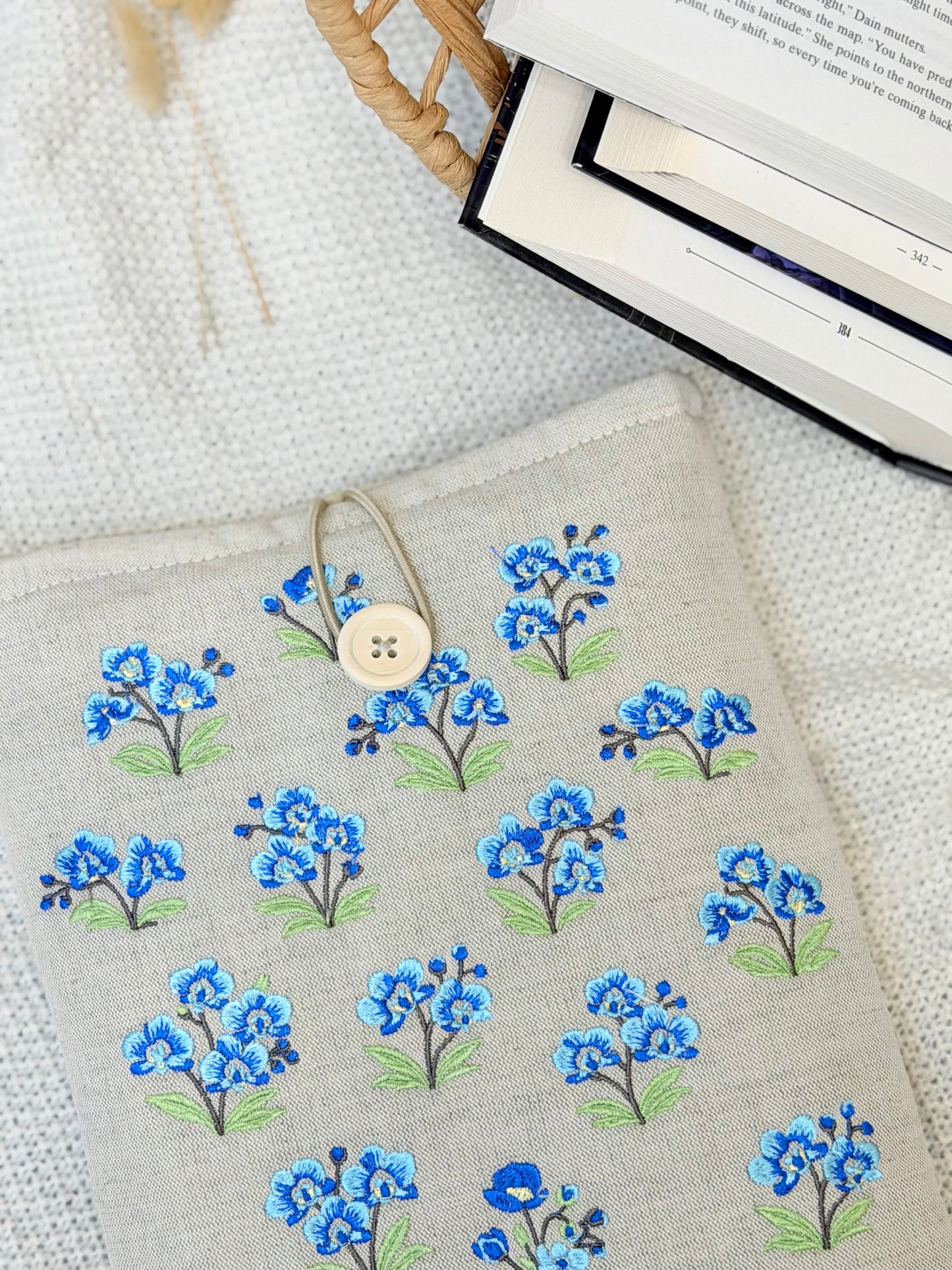 Embroidered Blue Orchid Book Sleeve Floral Linen Design