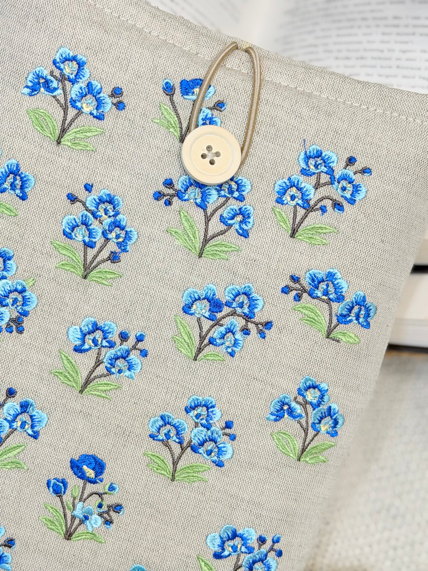 Embroidered Blue Orchid Book Sleeve Floral Linen Design