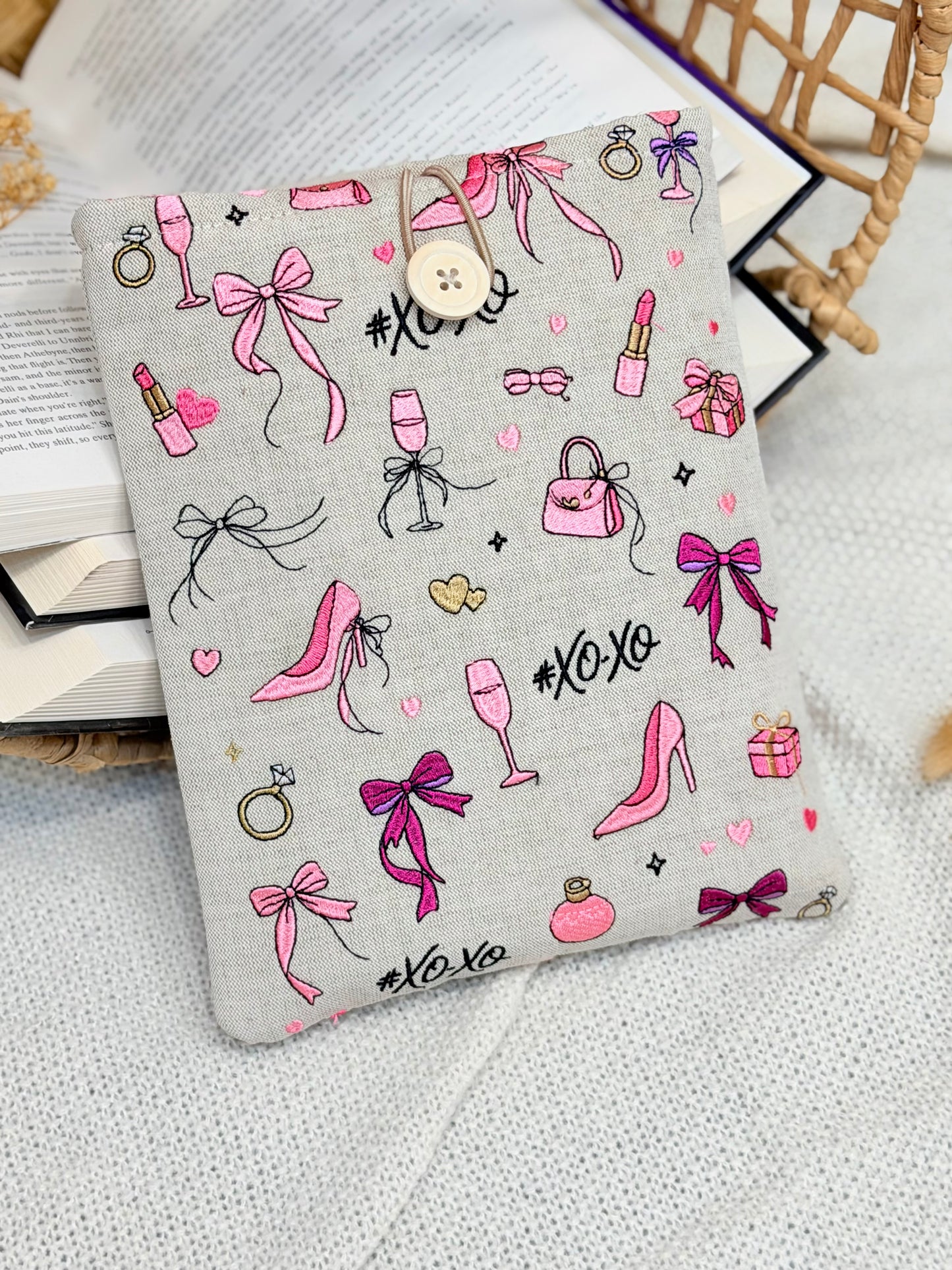 Pink Coquette Book Sleeve with Bows & Fashion Embroidery