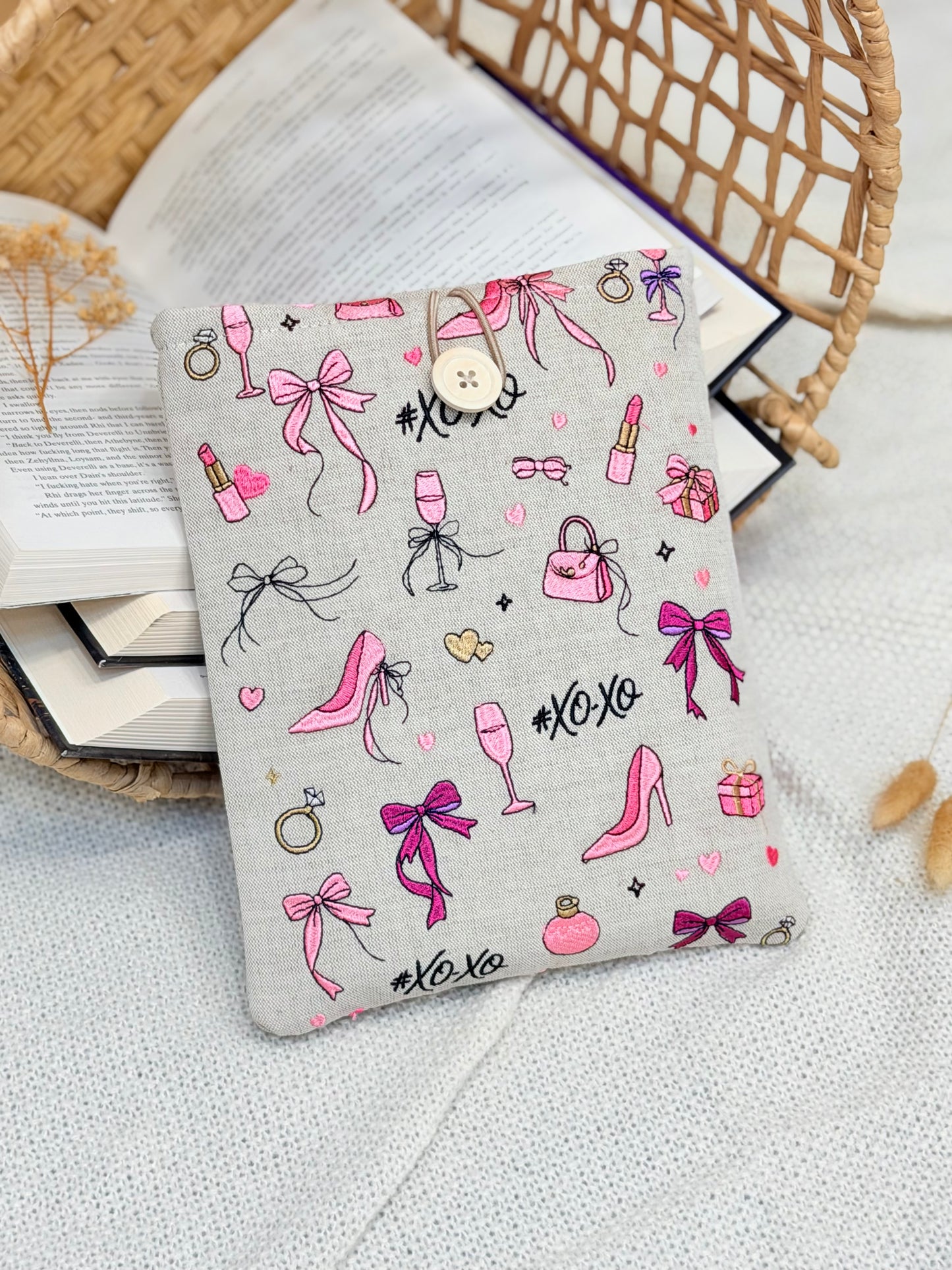 Pink Coquette Book Sleeve with Bows & Fashion Embroidery
