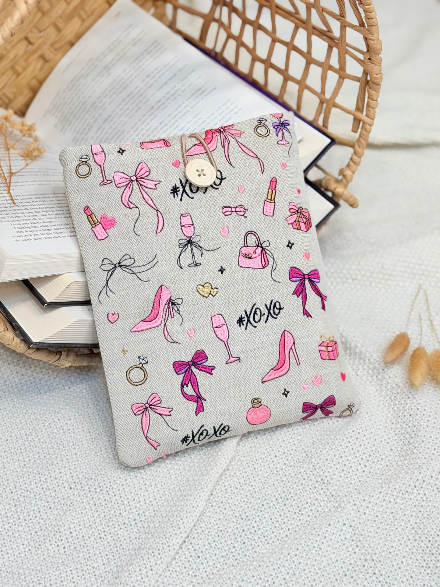 Pink Coquette Book Sleeve with Bows & Fashion Embroidery