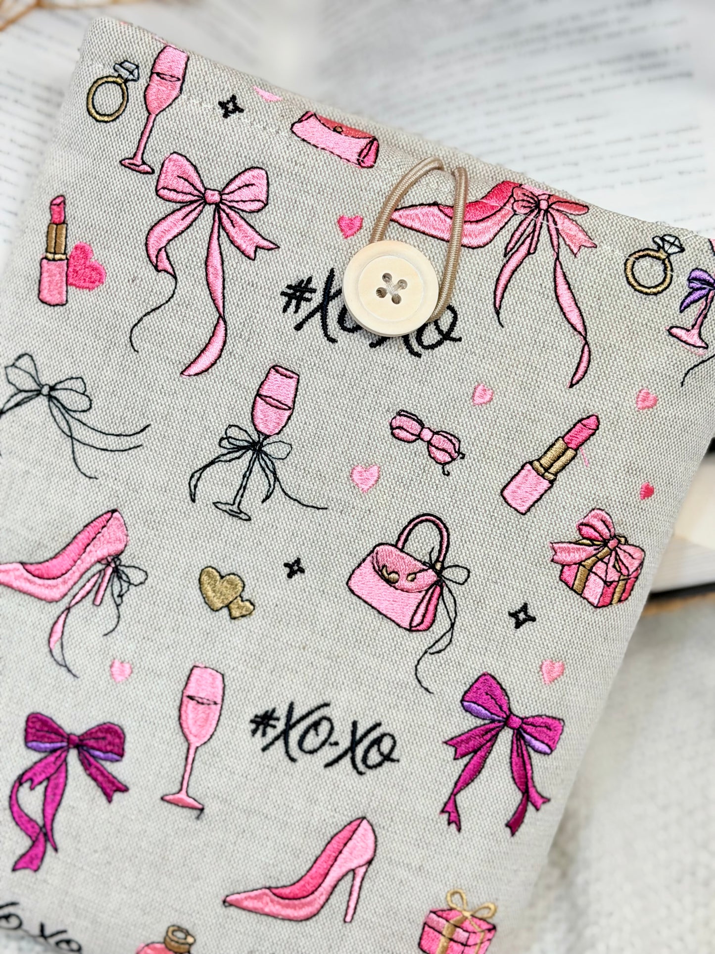 Pink Coquette Book Sleeve with Bows & Fashion Embroidery