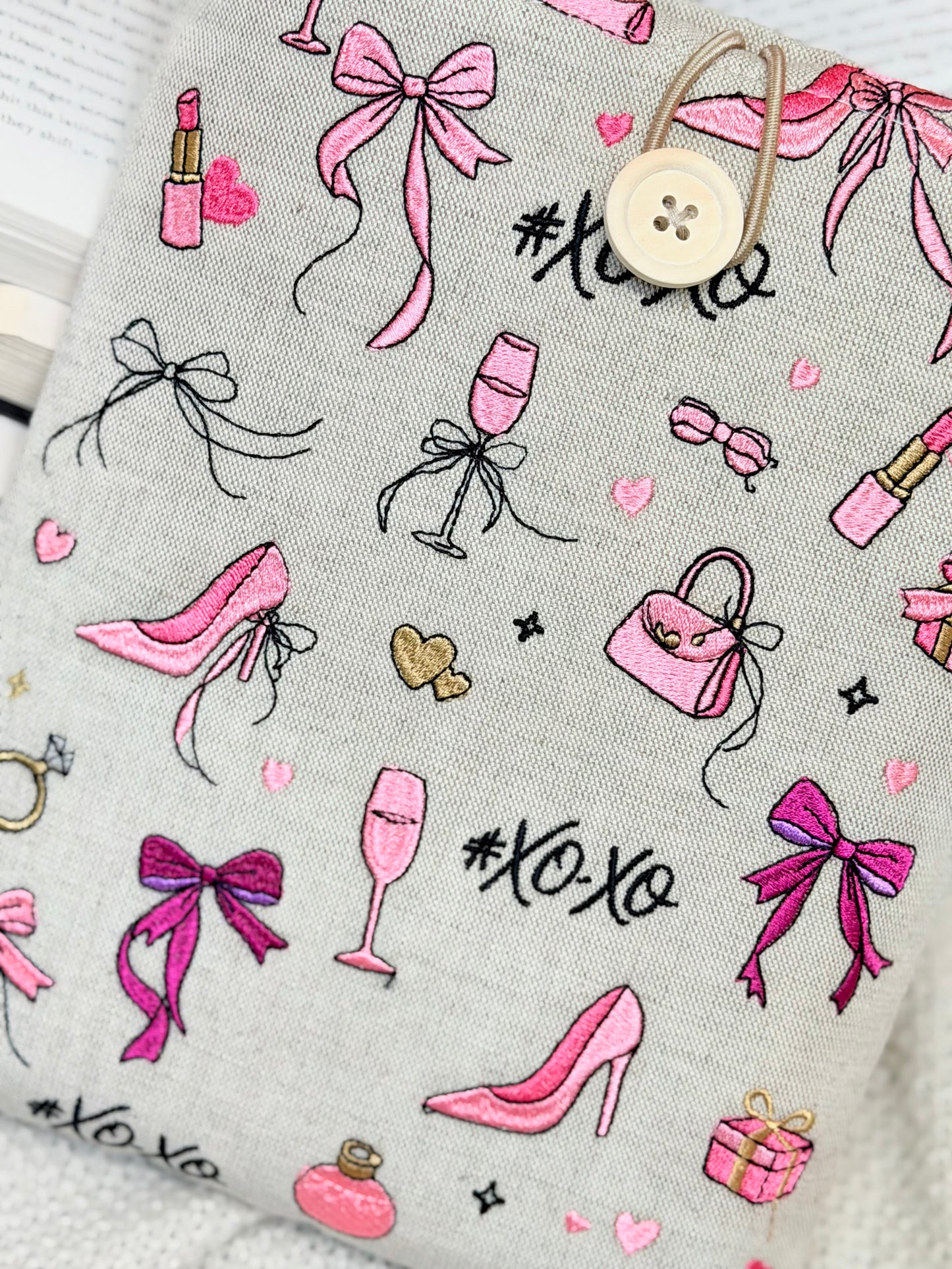 Pink Coquette Book Sleeve with Bows & Fashion Embroidery
