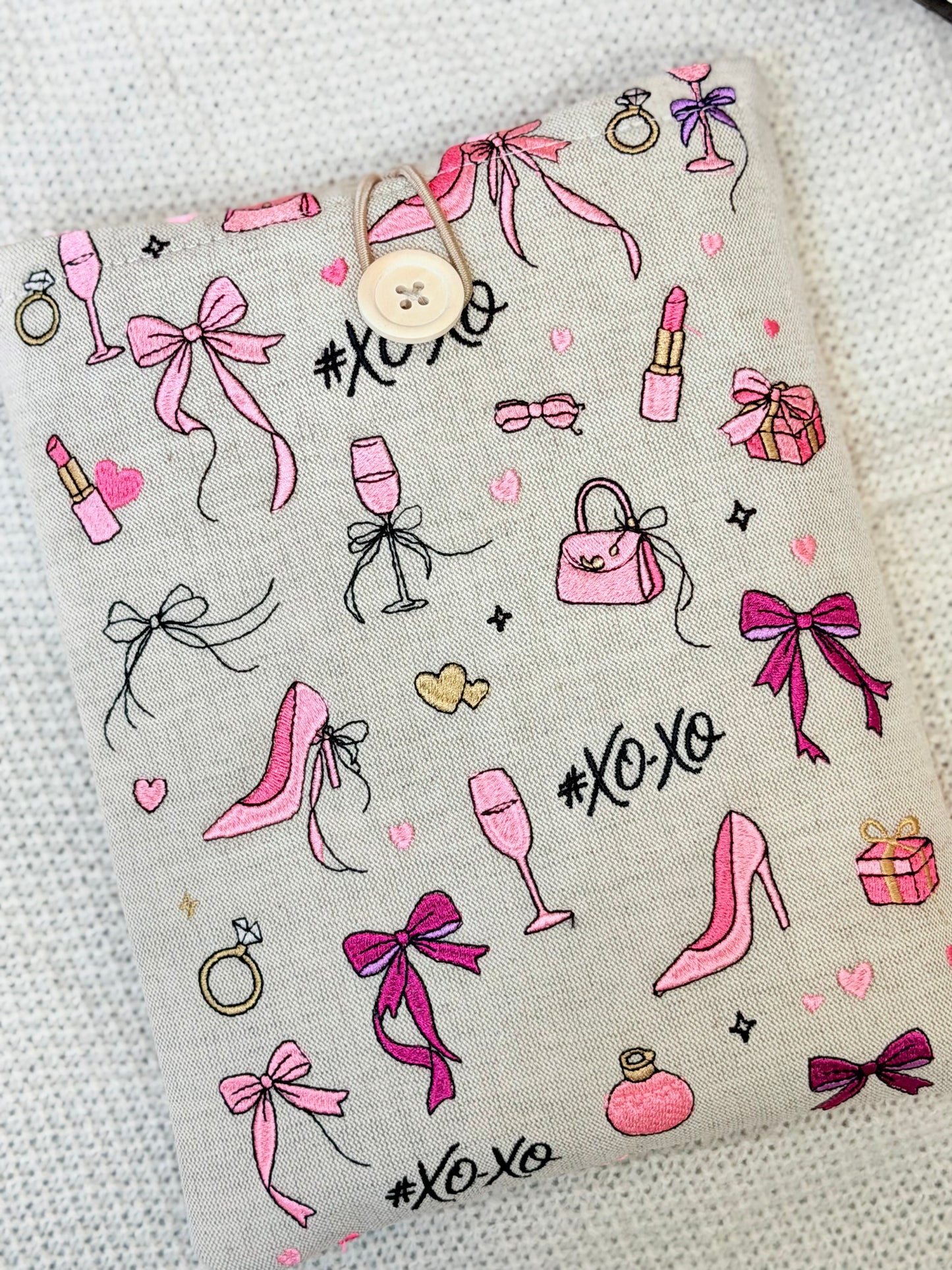 Pink Coquette Book Sleeve with Bows & Fashion Embroidery